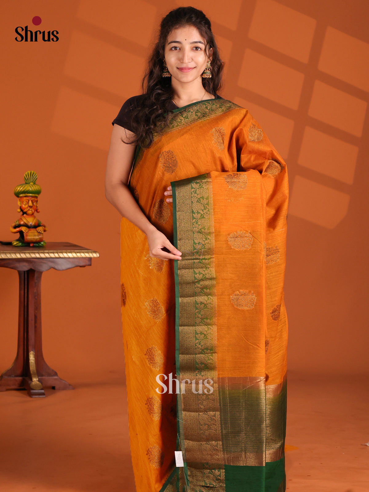 Mustard & Green- Semi Jute Saree - Shop on Shrus.com