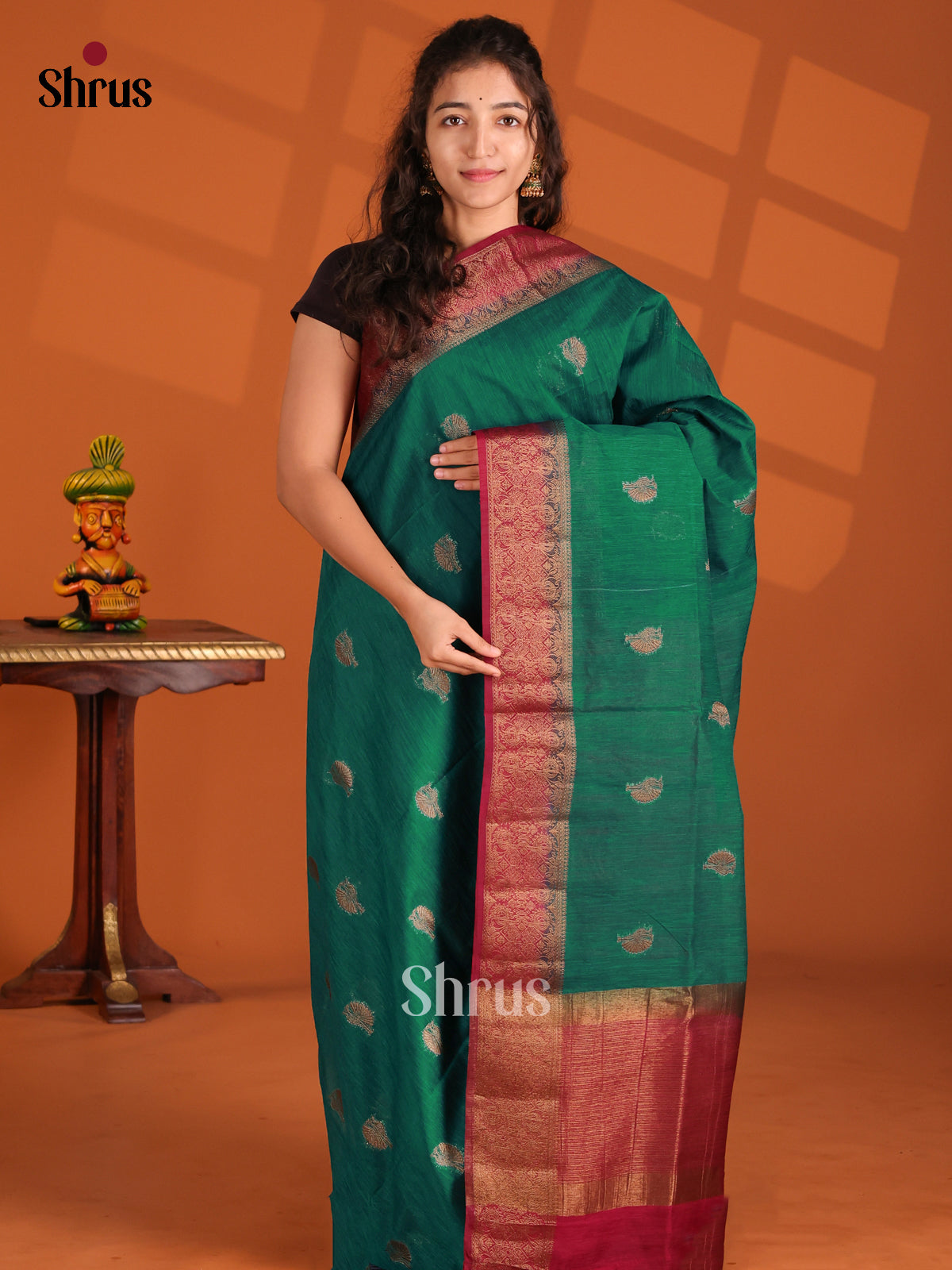 Green & Maroon- Semi Jute Saree - Shop on Shrus.com