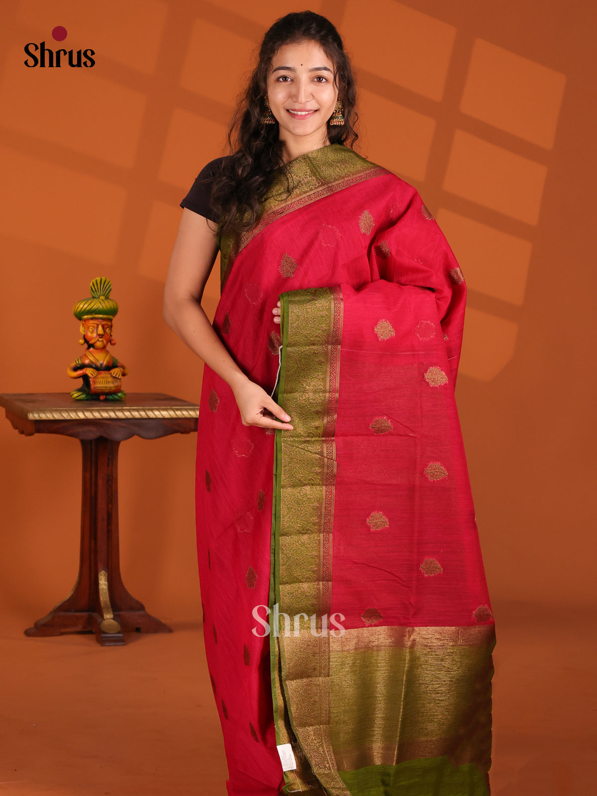 Red & Green - Semi Jute Saree - Shop on Shrus.com