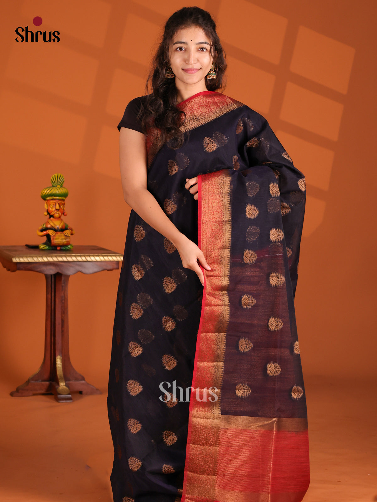 Blue & Red- Semi Jute Saree - Shop on Shrus.com