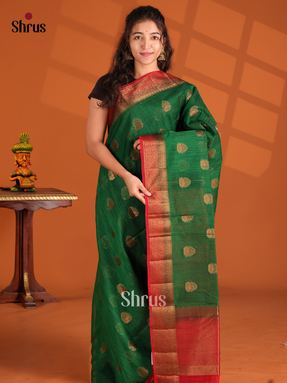 Green & Red - Semi Jute Saree - Shop on Shrus.com