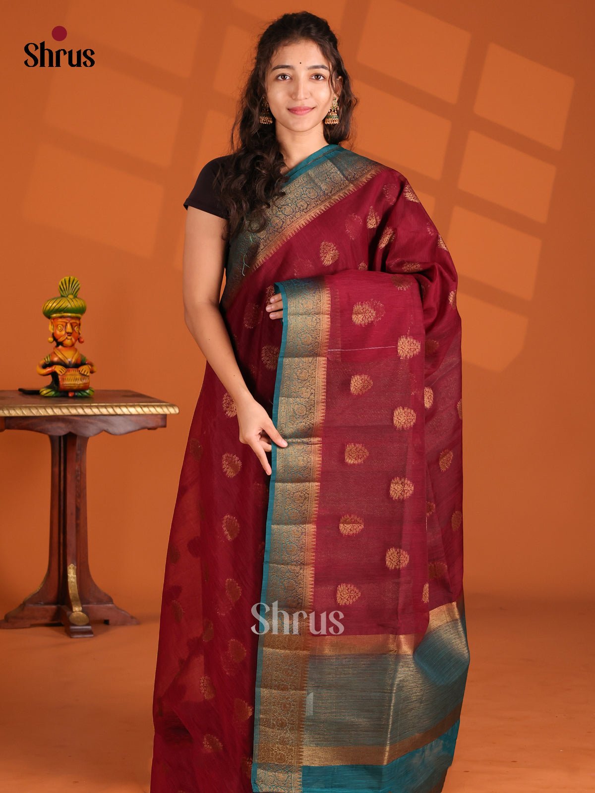Maroon & Teal- Semi Jute Saree - Shop on Shrus.com