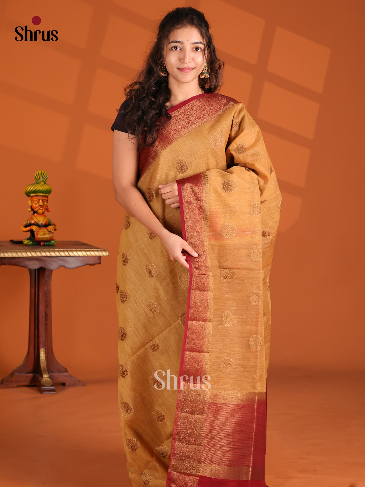 Beige & Maroon- Semi Jute Saree - Shop on Shrus.com