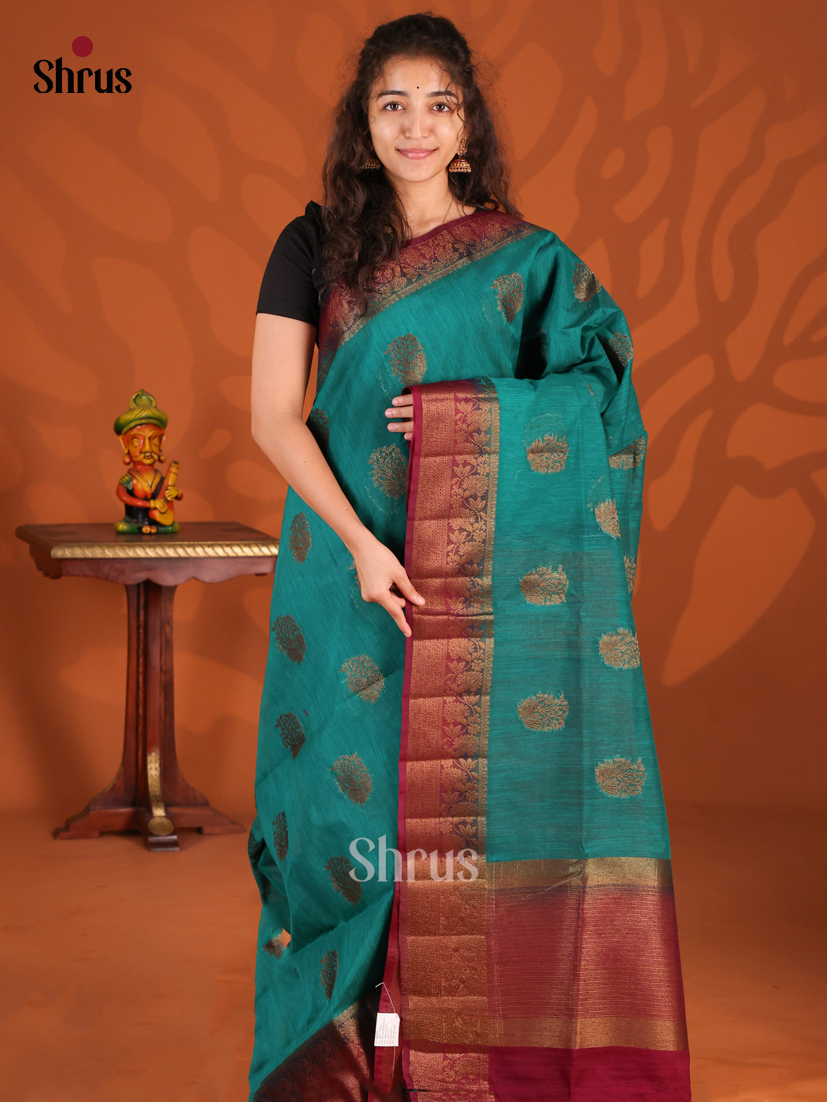 Blue & Maroon- Semi Jute Saree - Shop on Shrus.com