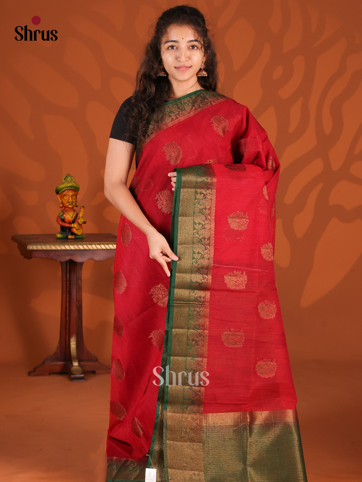 Red & Green- Semi Jute Saree - Shop on Shrus.com