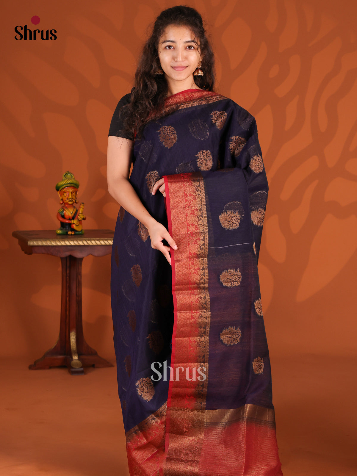 Blue & Red- Semi Jute Saree - Shop on Shrus.com