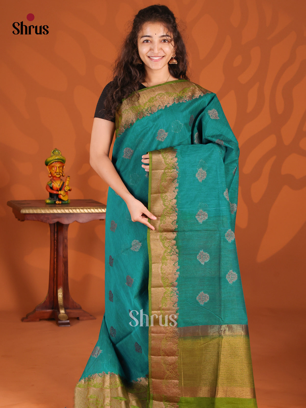 Teal & Green- Semi Jute Saree - Shop on Shrus.com