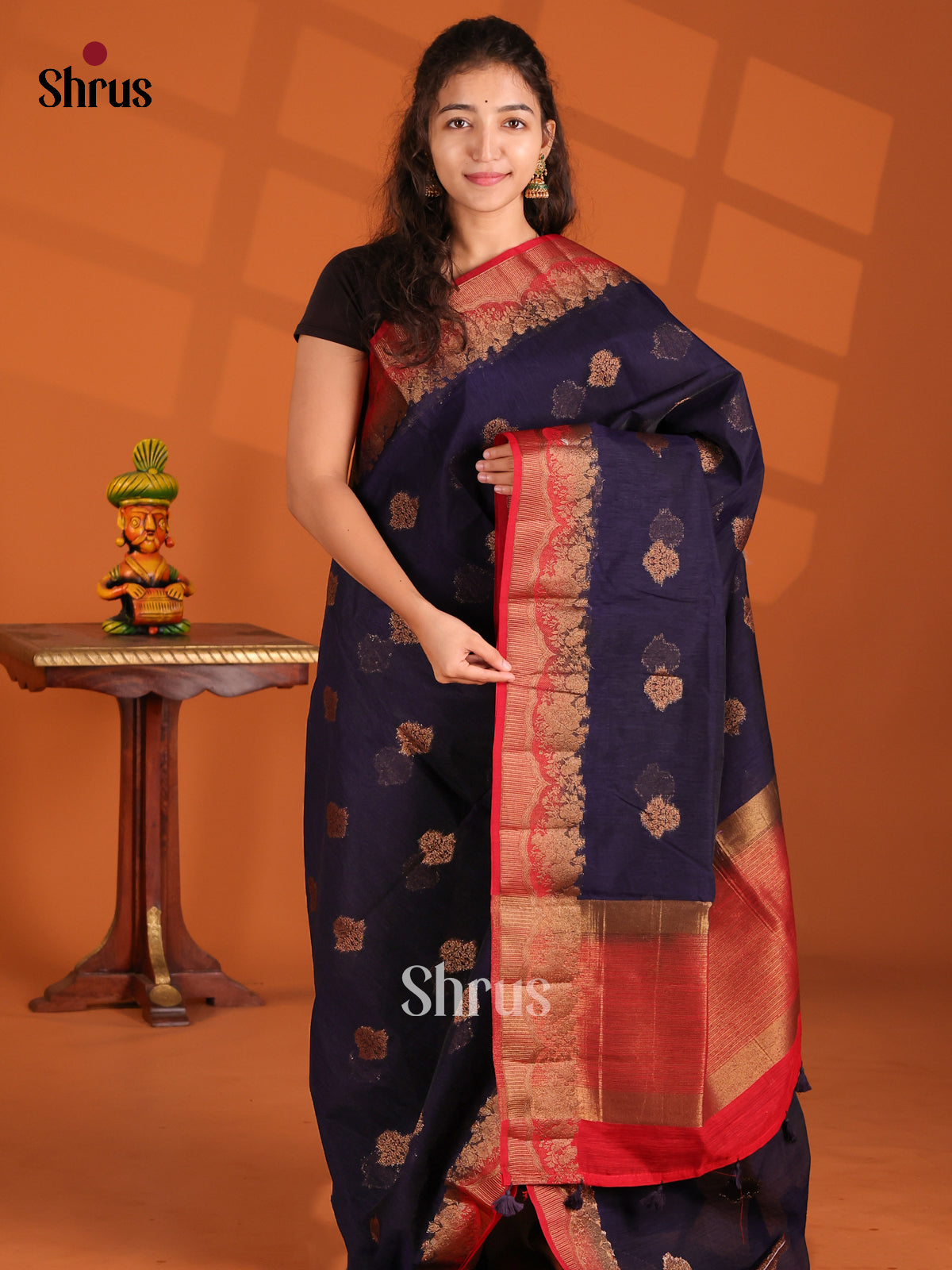 Blue & Red- Semi Jute Saree - Shop on Shrus.com