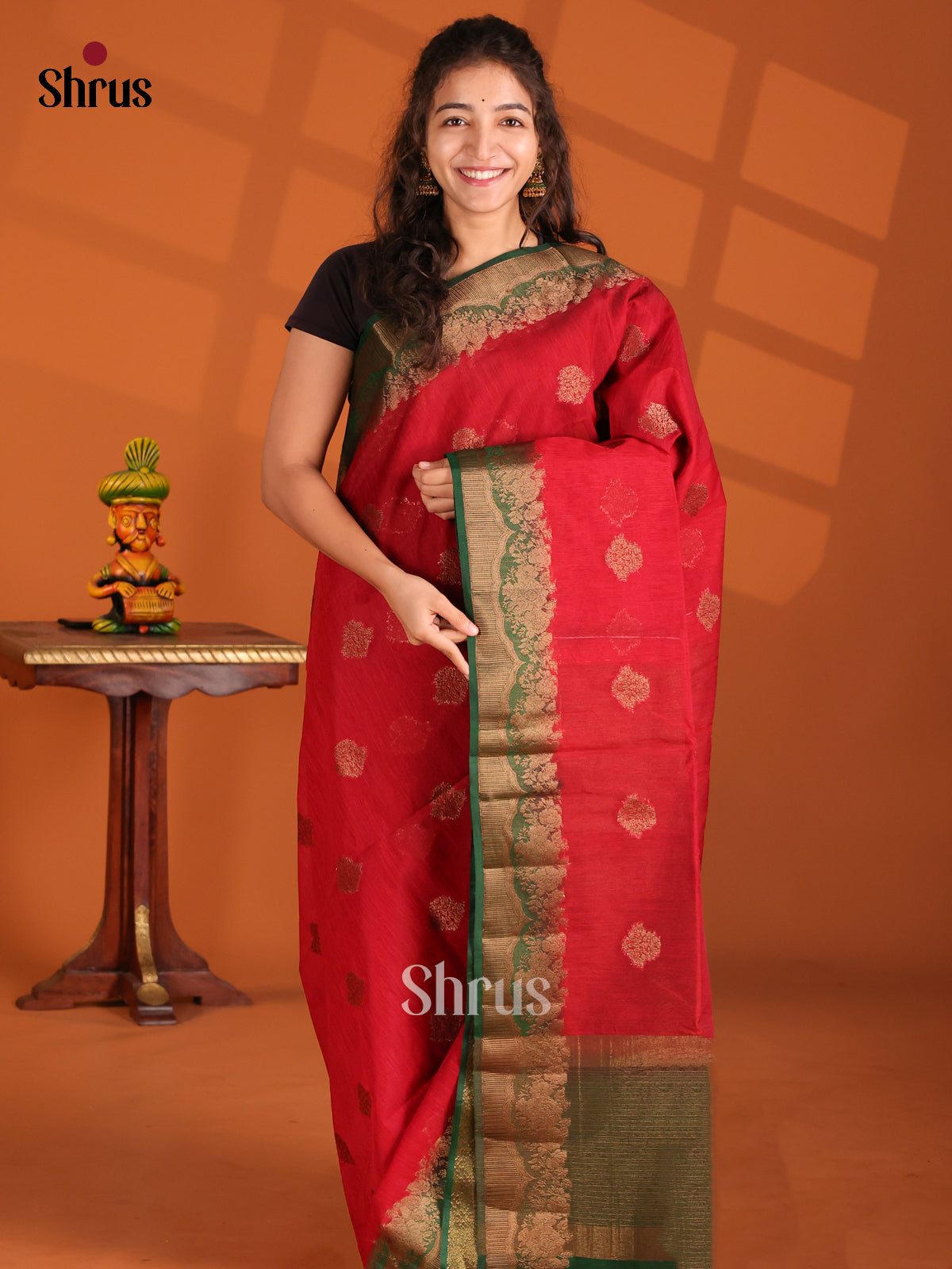 Red & Green - Semi Jute Saree - Shop on Shrus.com