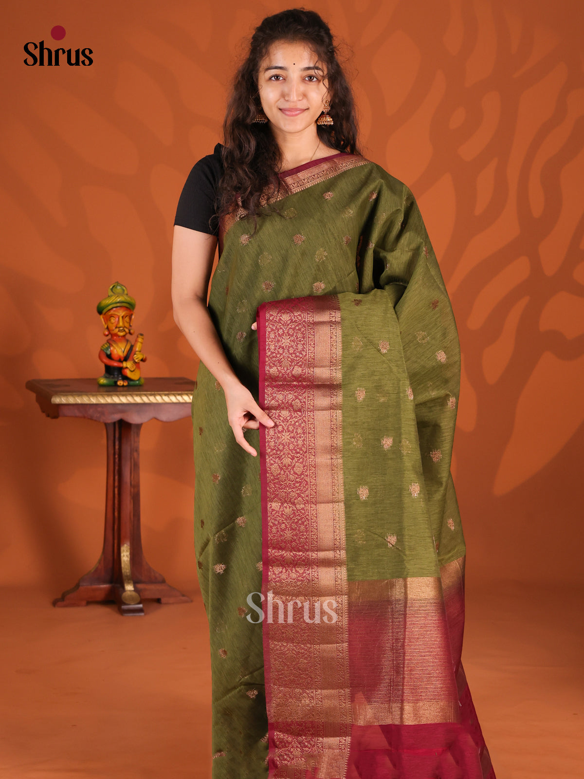 Green & Maroon- Semi Jute Saree - Shop on Shrus.com