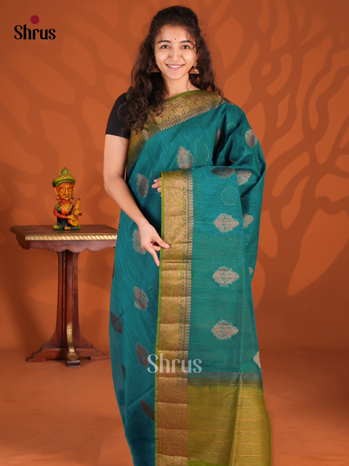 Blue & Green- Semi Jute Saree - Shop on Shrus.com