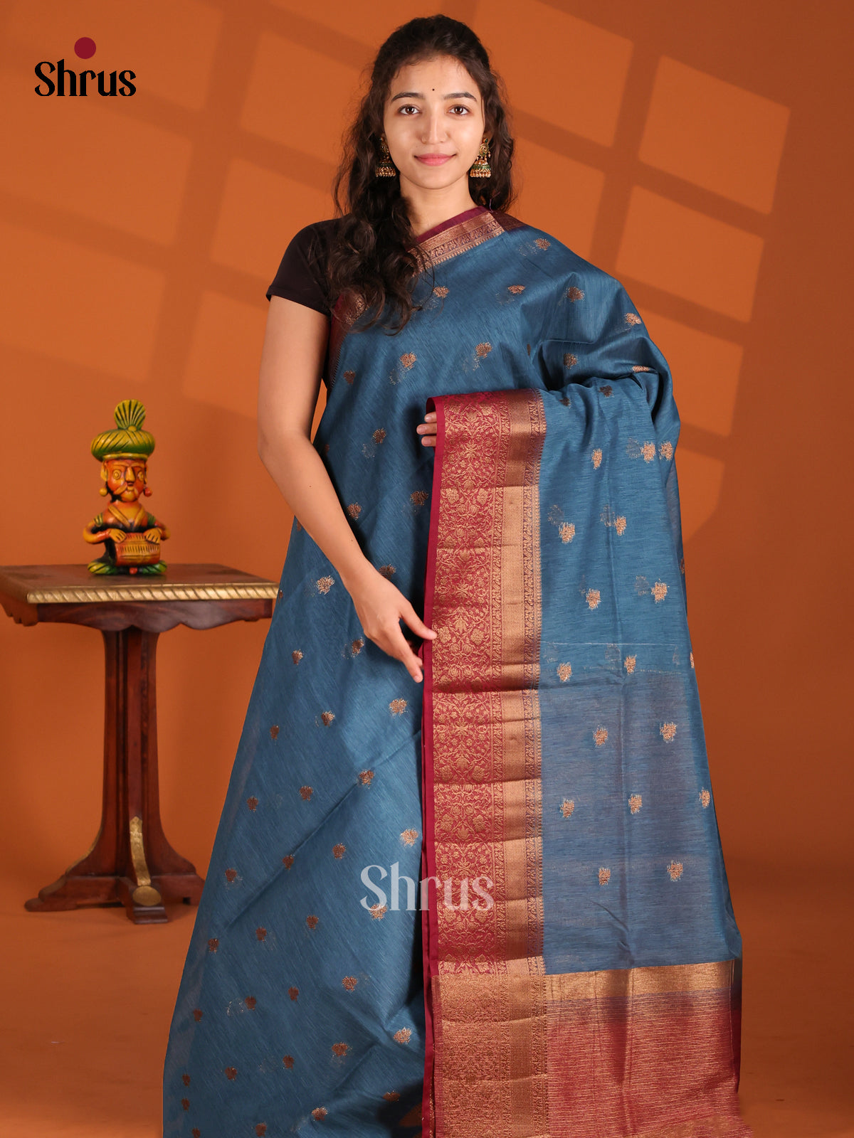 Blue & Maroon - Semi Jute Saree - Shop on Shrus.com