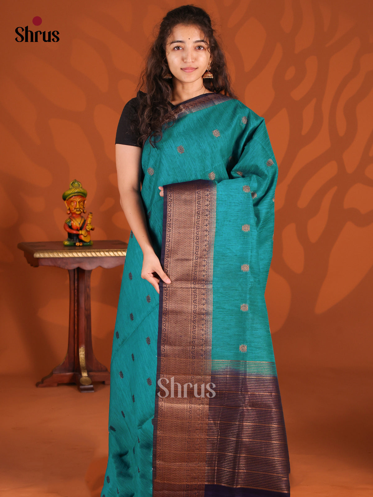 Teal & Blue - Semi Jute Saree - Shop on Shrus.com