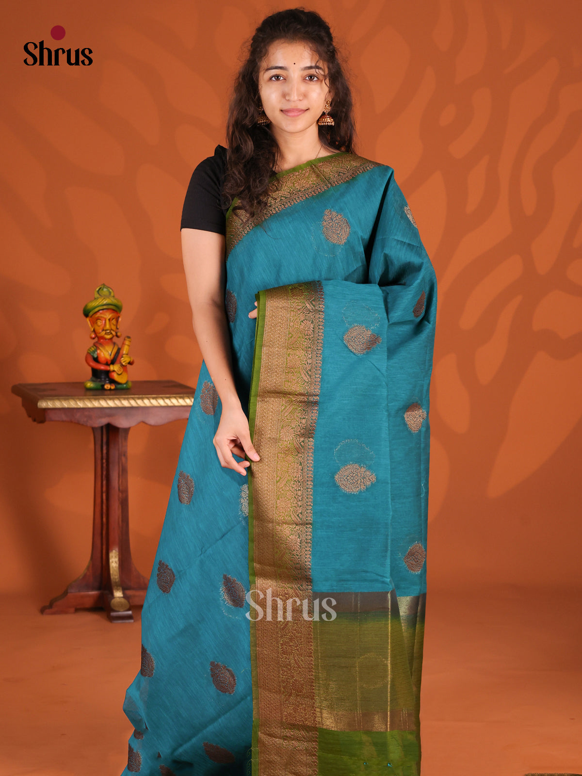 Blue & Green- Semi Jute Saree - Shop on Shrus.com