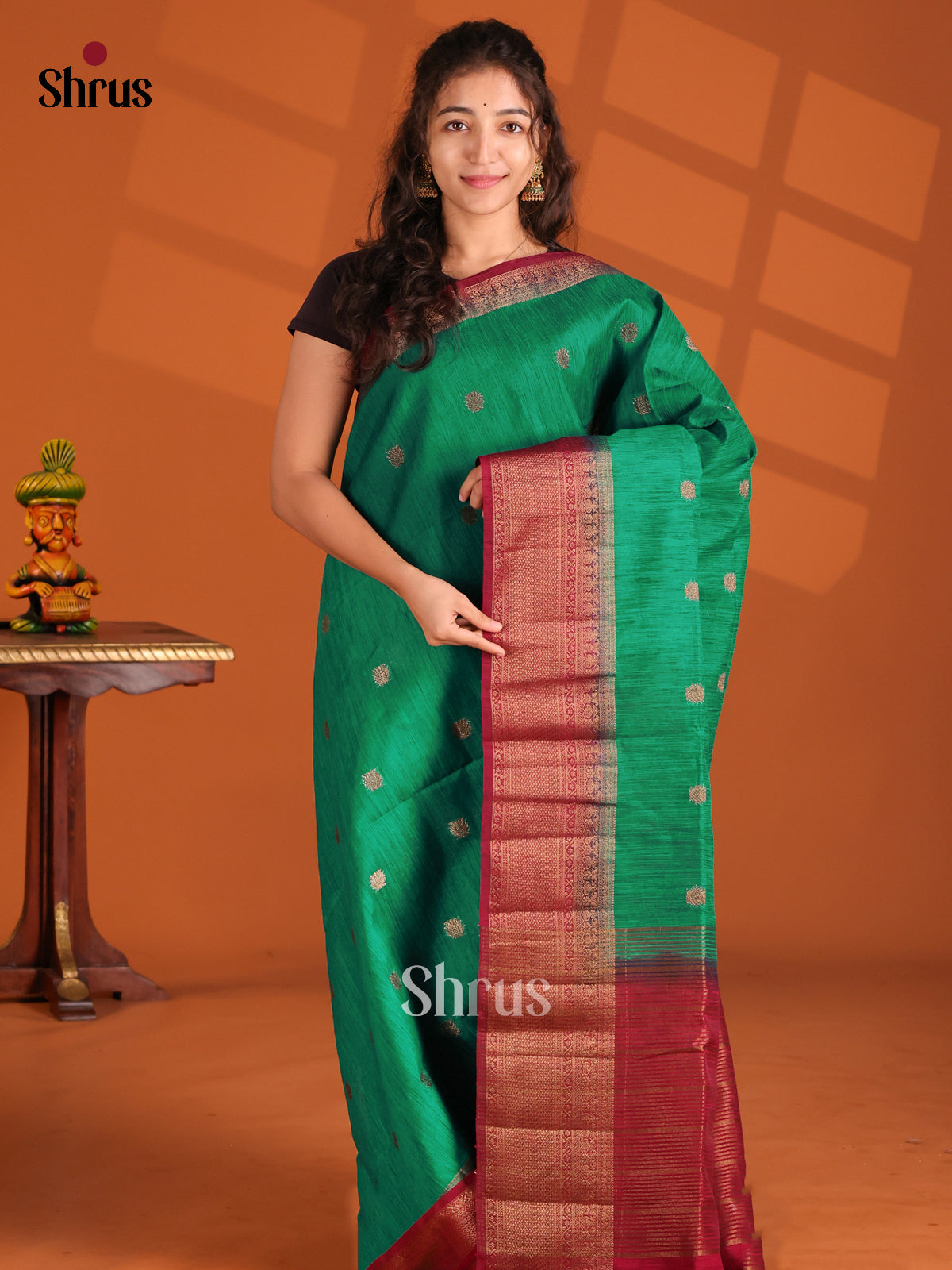 Green & Maroon- Semi Jute Saree - Shop on Shrus.com