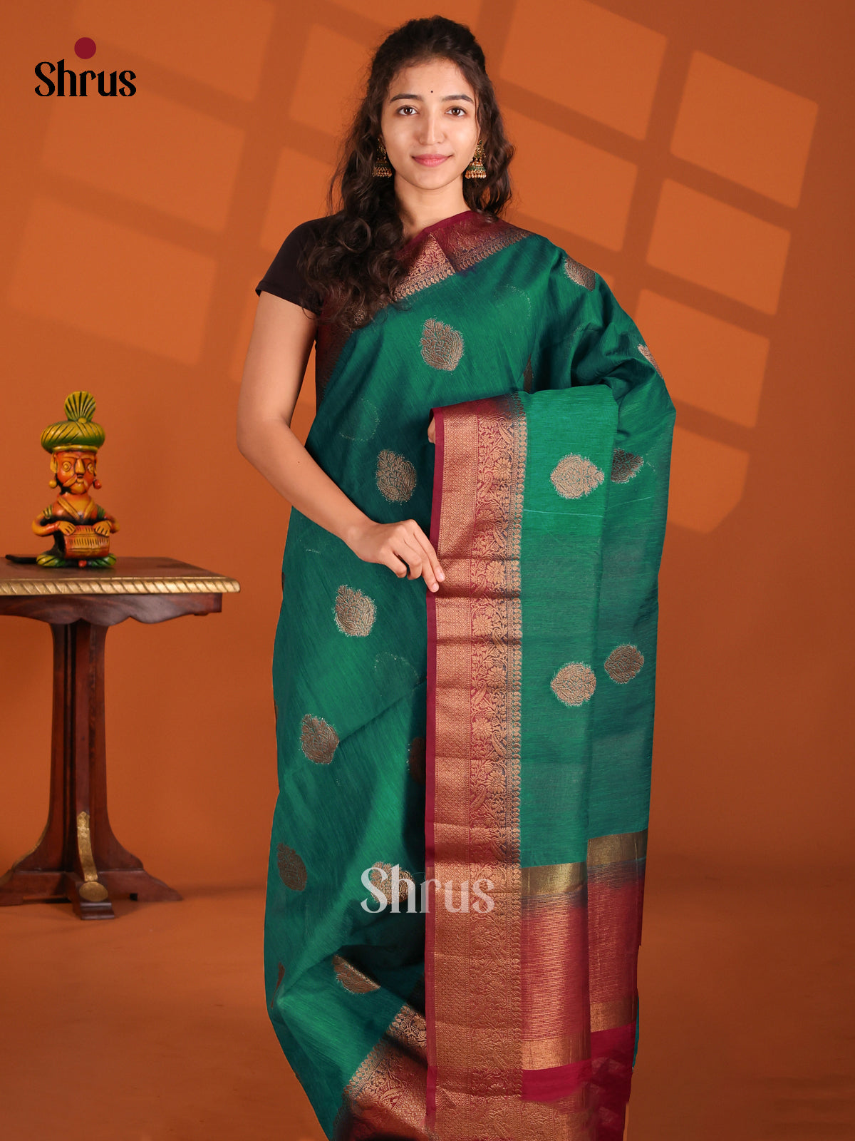 Green & Maroon - Semi Jute Saree - Shop on Shrus.com