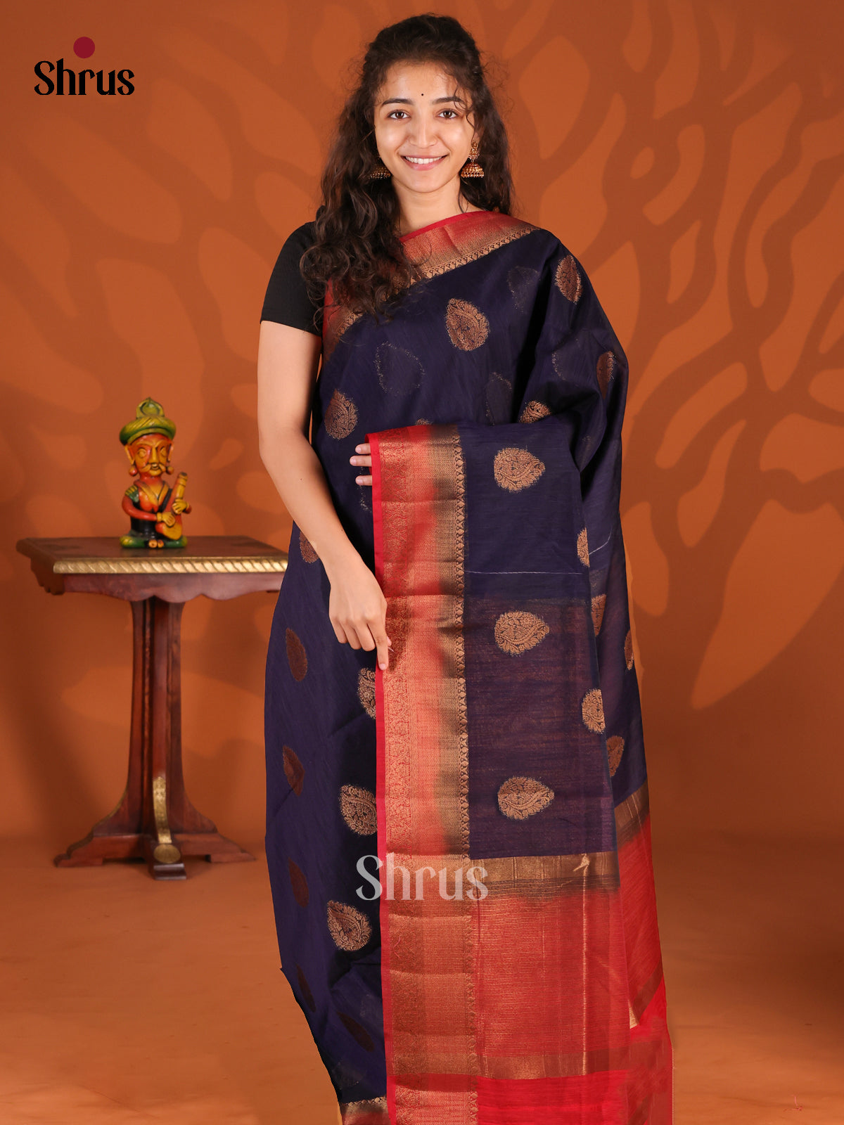 Blue & Red - Semi Jute Saree - Shop on Shrus.com