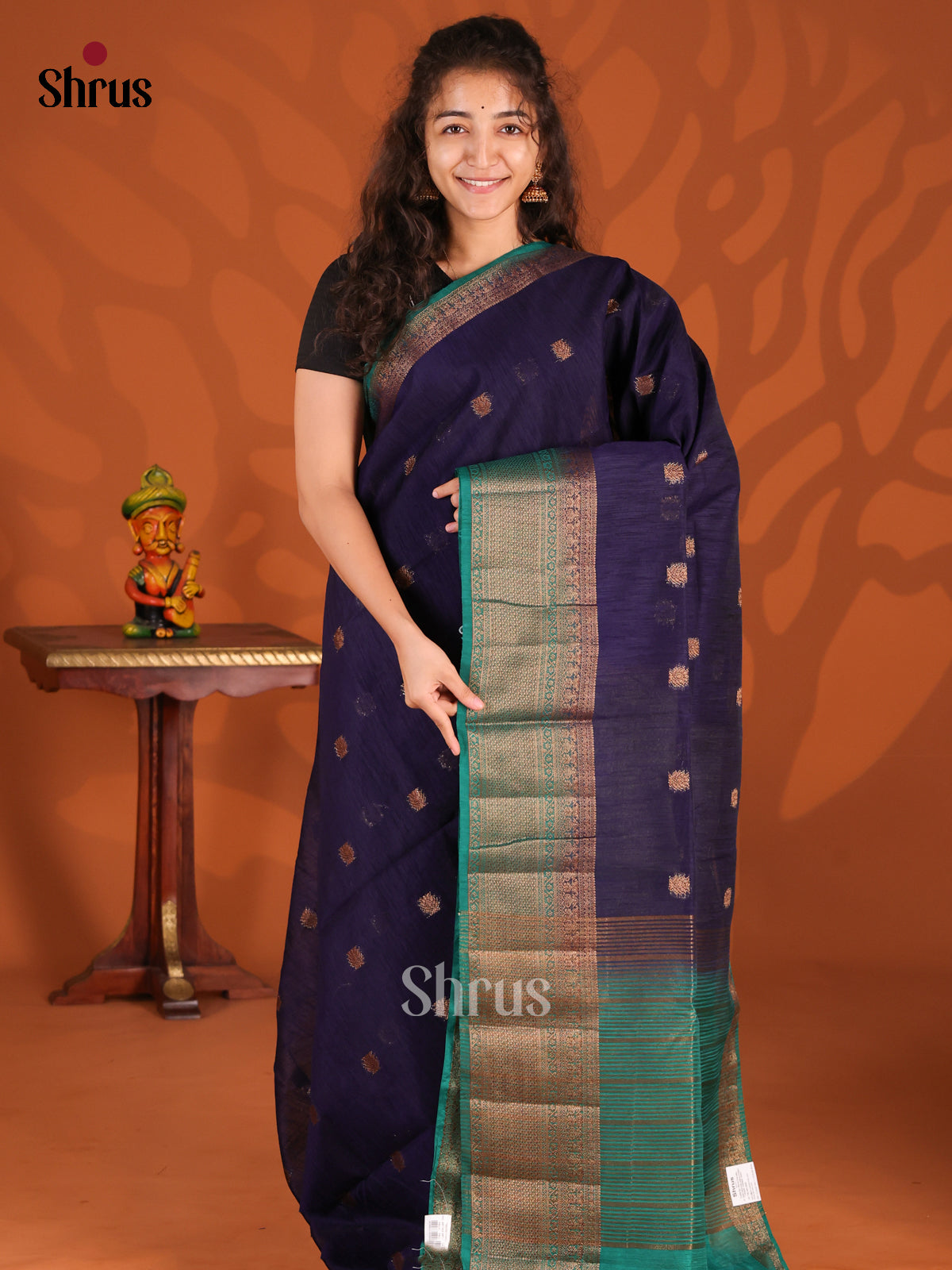 Blue & Green - Semi Jute Saree - Shop on Shrus.com