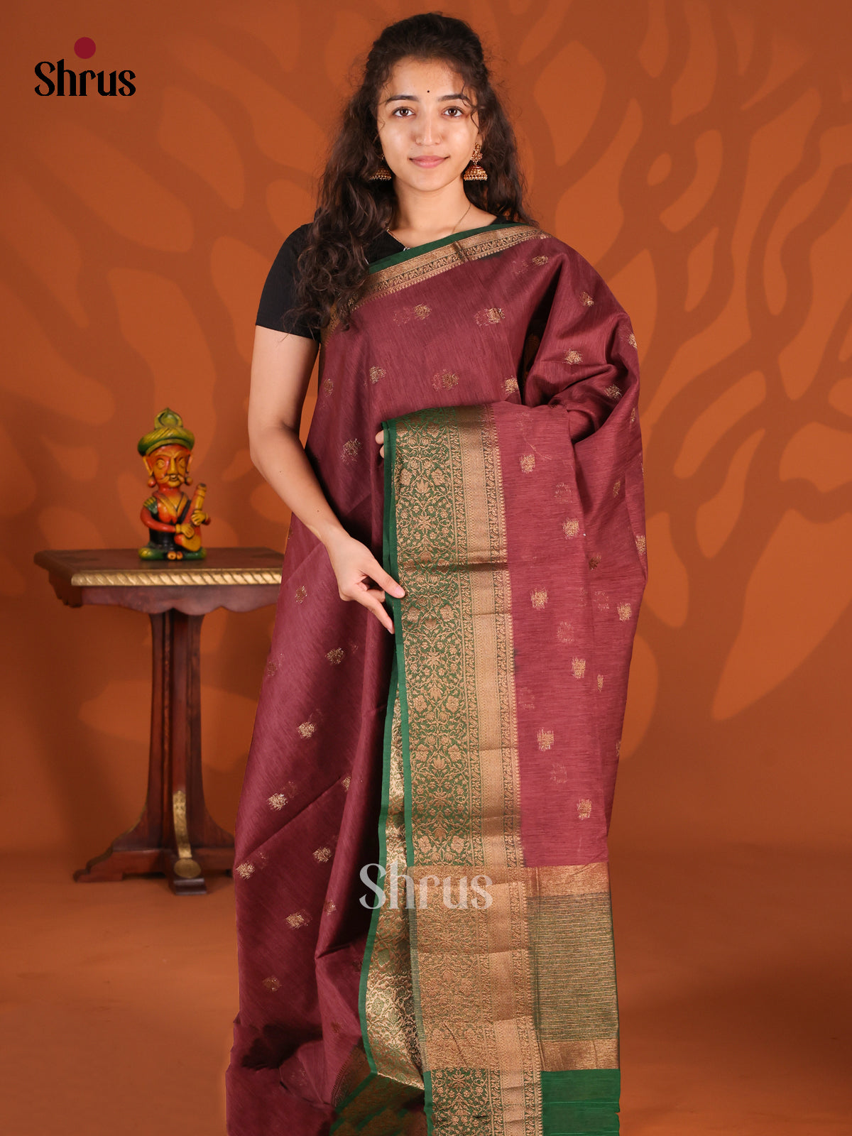Arakku Maroon & Green- Semi Jute Saree - Shop on Shrus.com