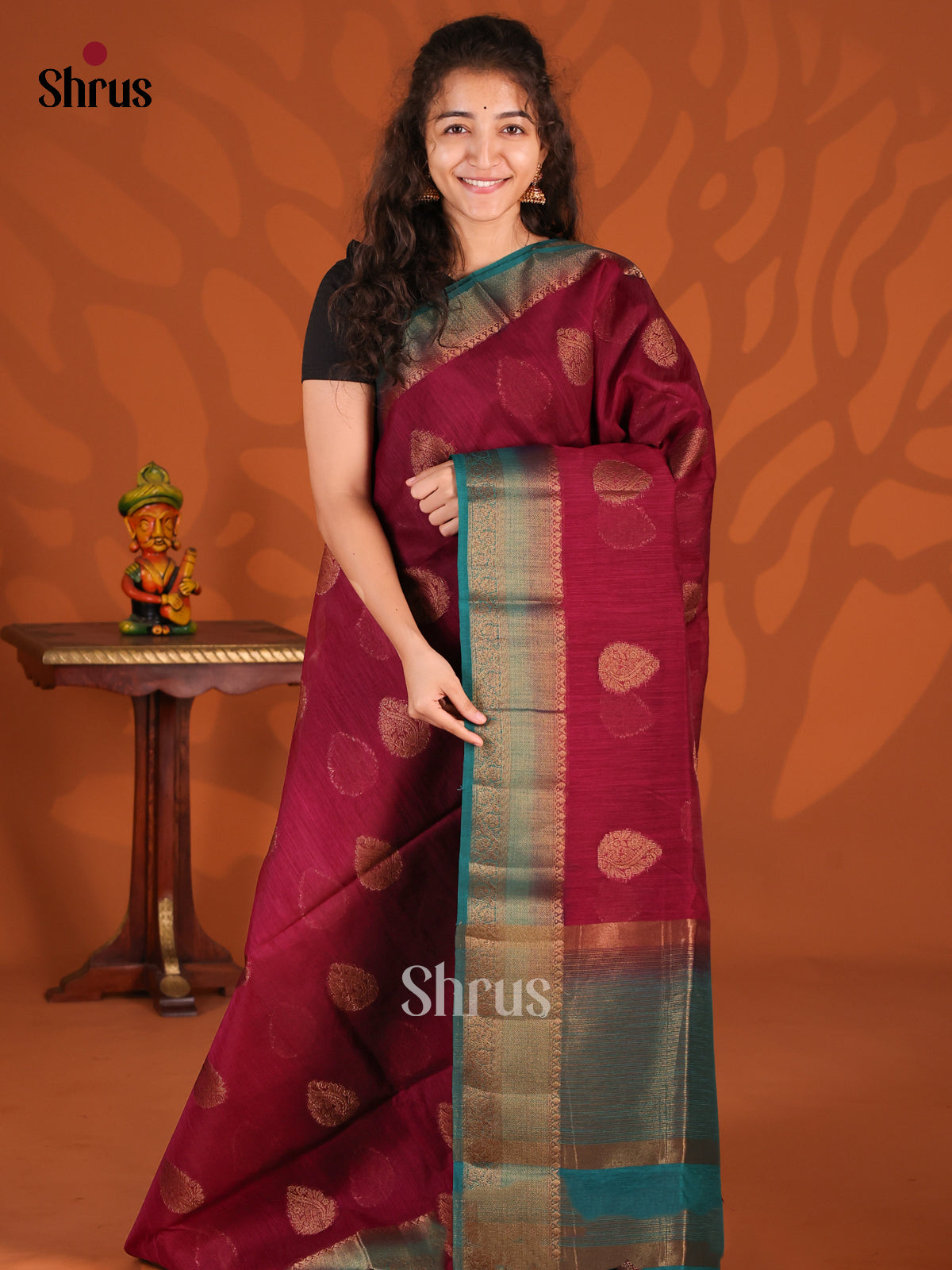 Maroon & Teal - Semi Jute Saree - Shop on Shrus.com