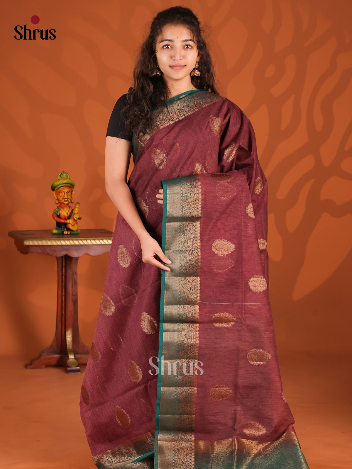 Brown & Green- Semi Jute Saree - Shop on Shrus.com