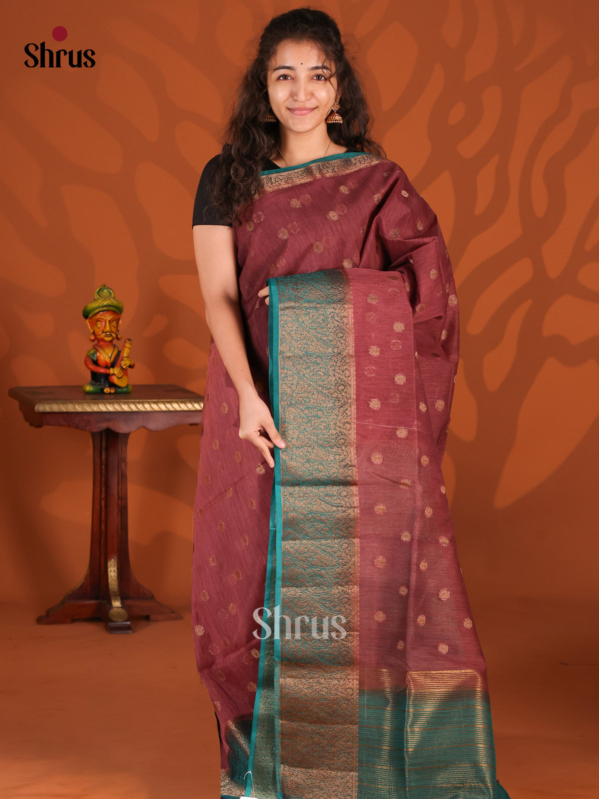 Brown & Teal- Semi Jute Saree - Shop on Shrus.com