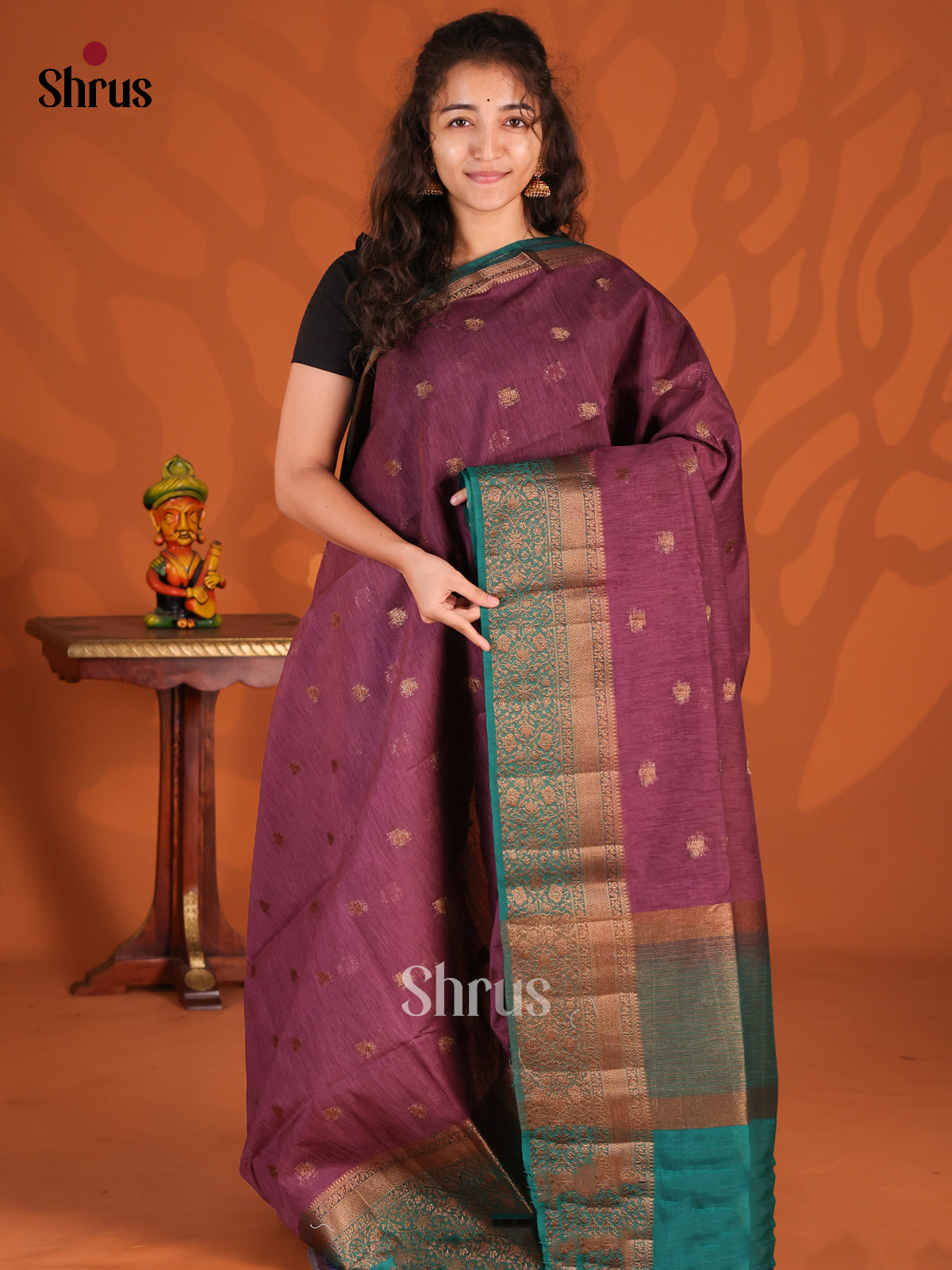 Purple & Green - Semi Jute Saree - Shop on Shrus.com