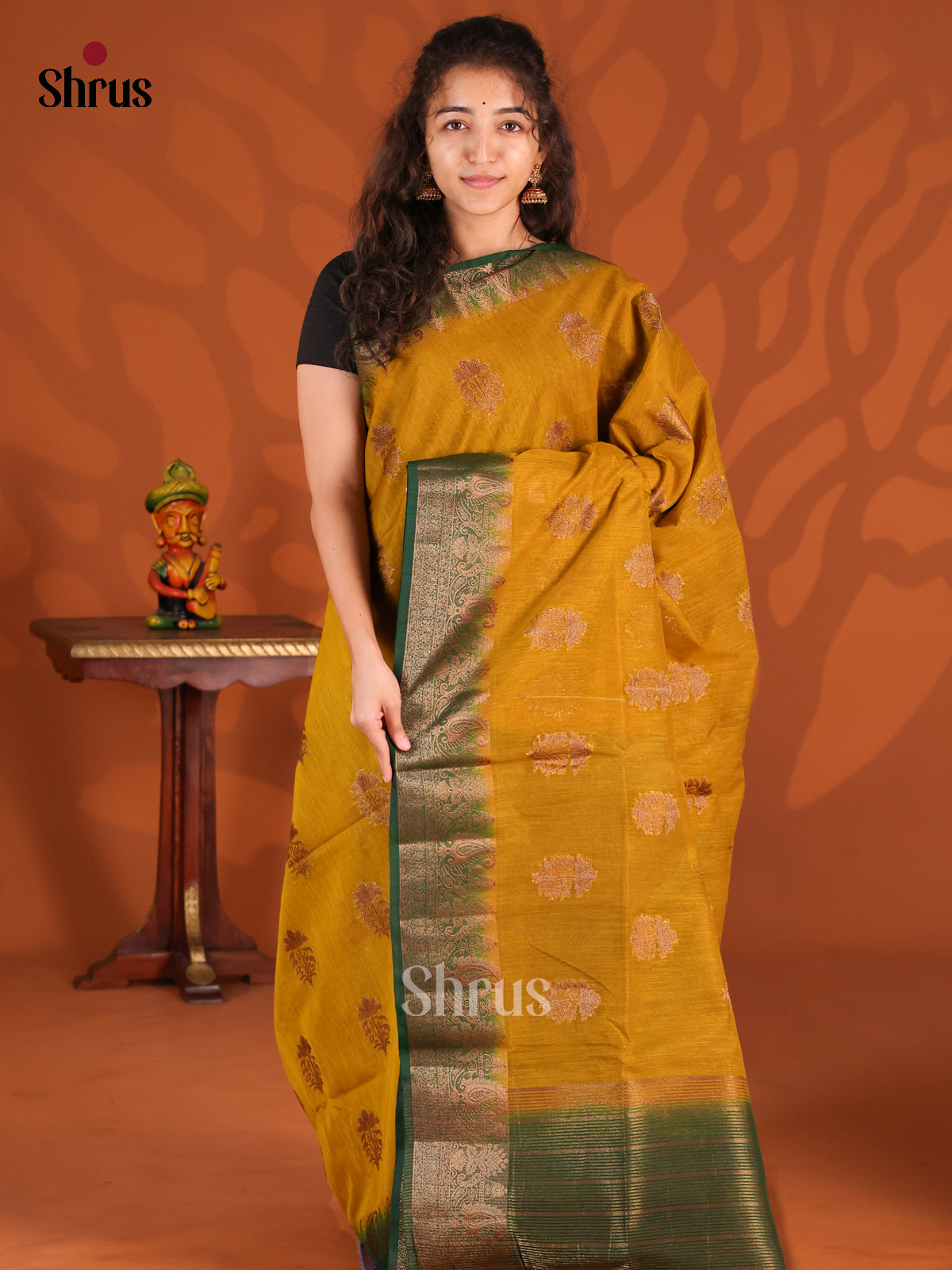Mustardy Green & Green- Semi Jute Saree - Shop on Shrus.com