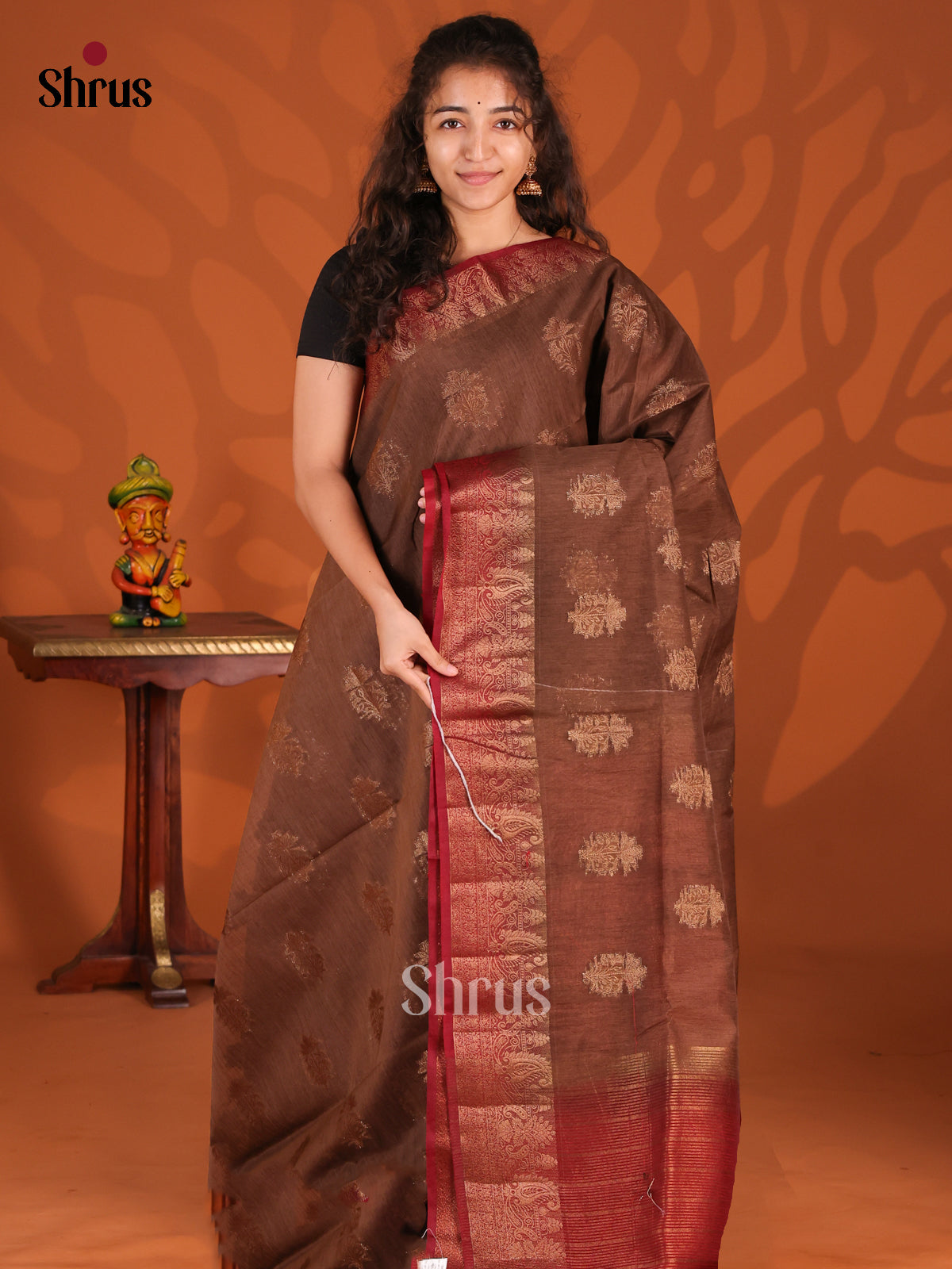 Brown & Maroon - Semi Jute Saree - Shop on Shrus.com