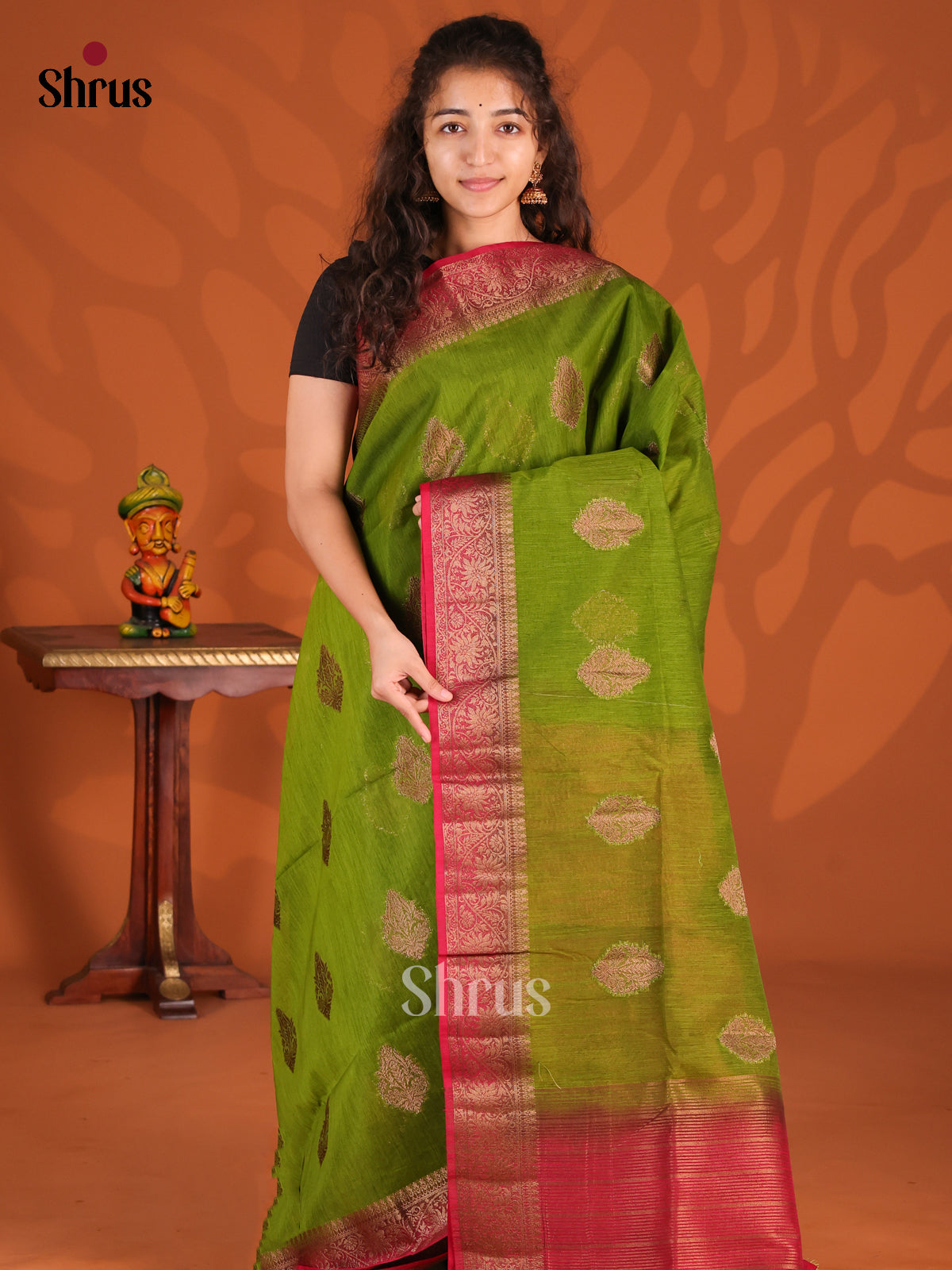 Lite Green & Red - Semi Jute Saree - Shop on Shrus.com