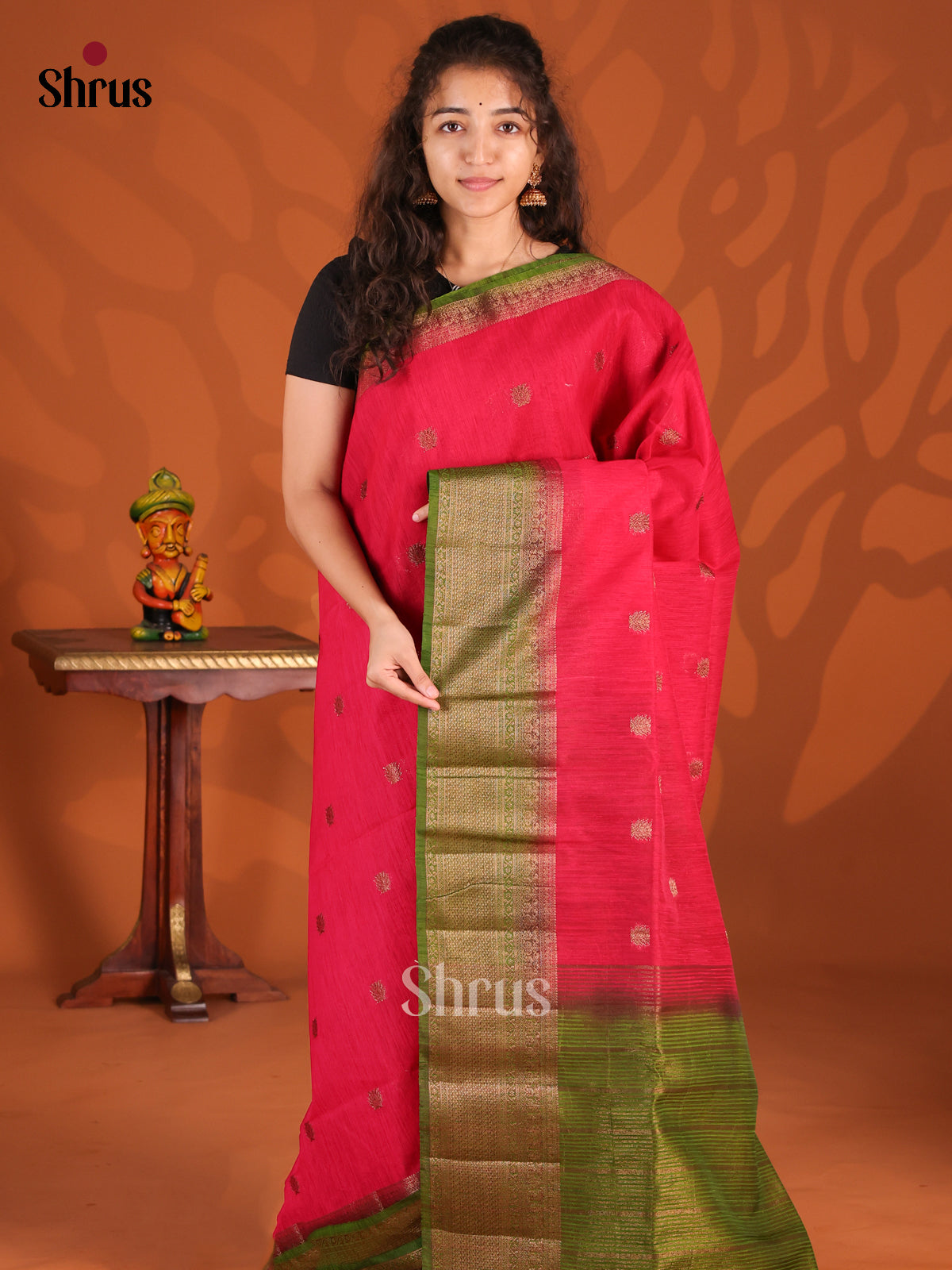 Red & Green - Semi Jute Saree - Shop on Shrus.com