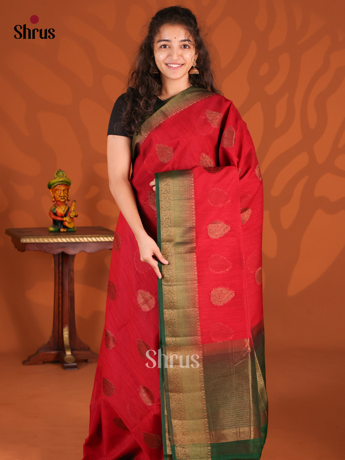 Red & Green - Semi Jute Saree - Shop on Shrus.com