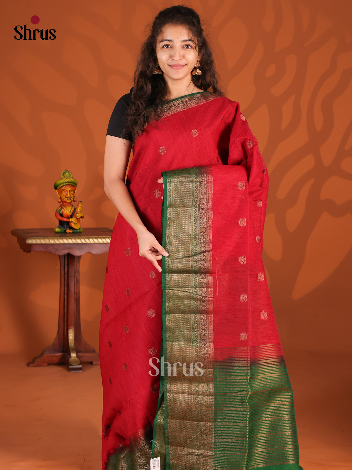 Red & Green- Semi Jute Saree - Shop on Shrus.com