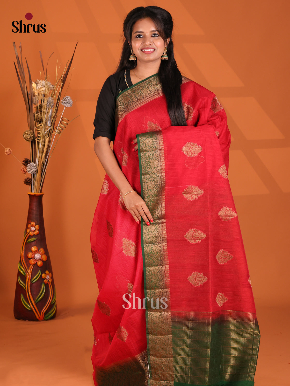 Red & Green - Semi Jute Saree - Shop on Shrus.com