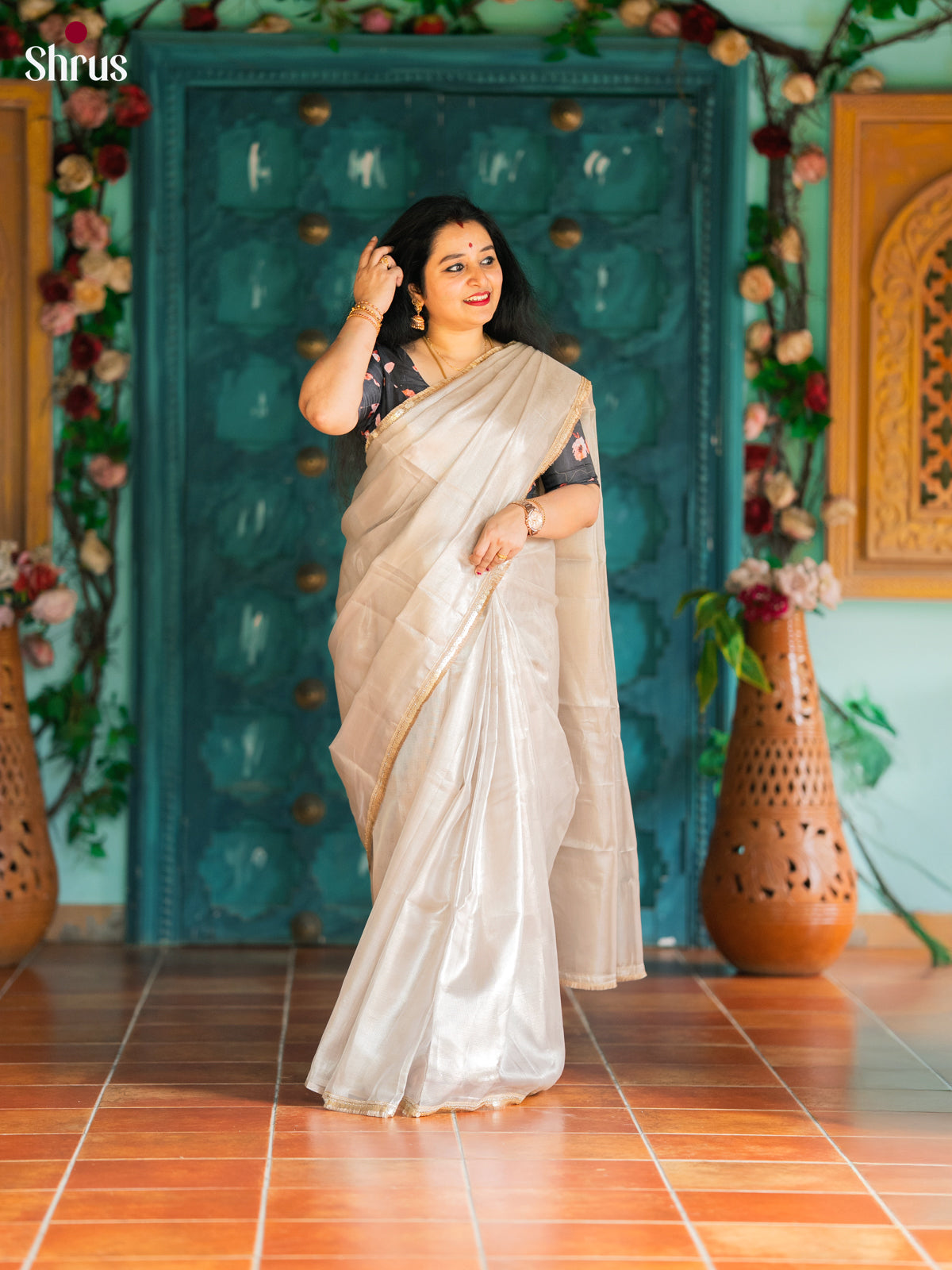 Silver- Semi Tissue Saree - Shop on Shrus.com