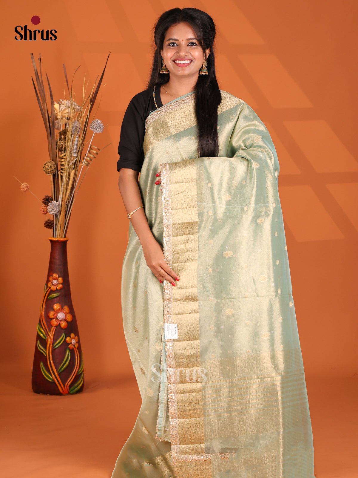 Green - Semi Tissue Saree - Shop on Shrus.com