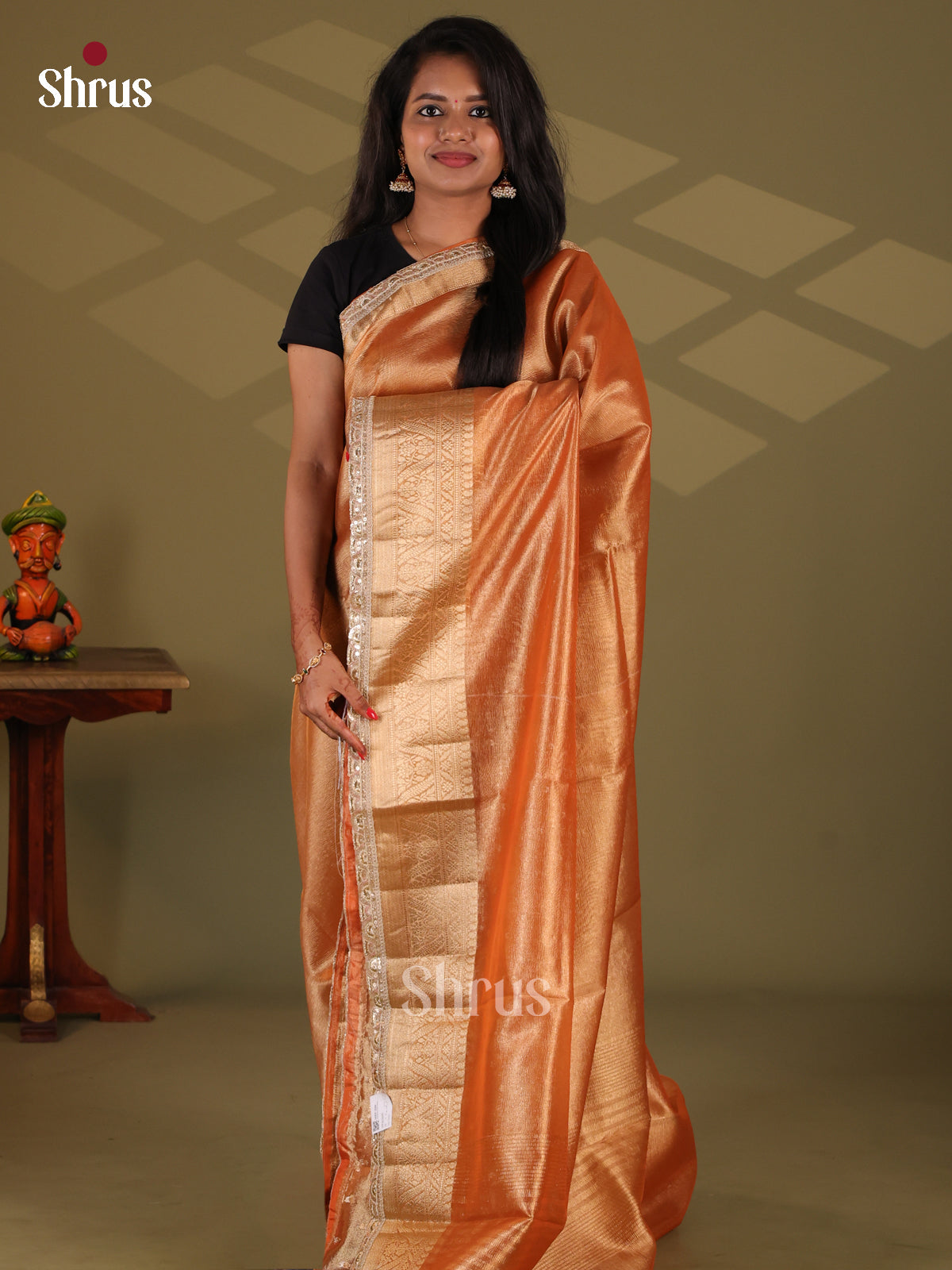 Orange - Semi Tissue Saree - Shop on Shrus.com