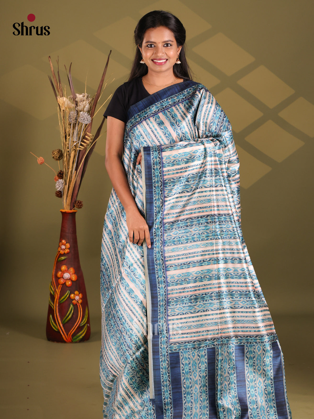 Cream & Blue - Champa semitussar Saree - Shop on Shrus.com