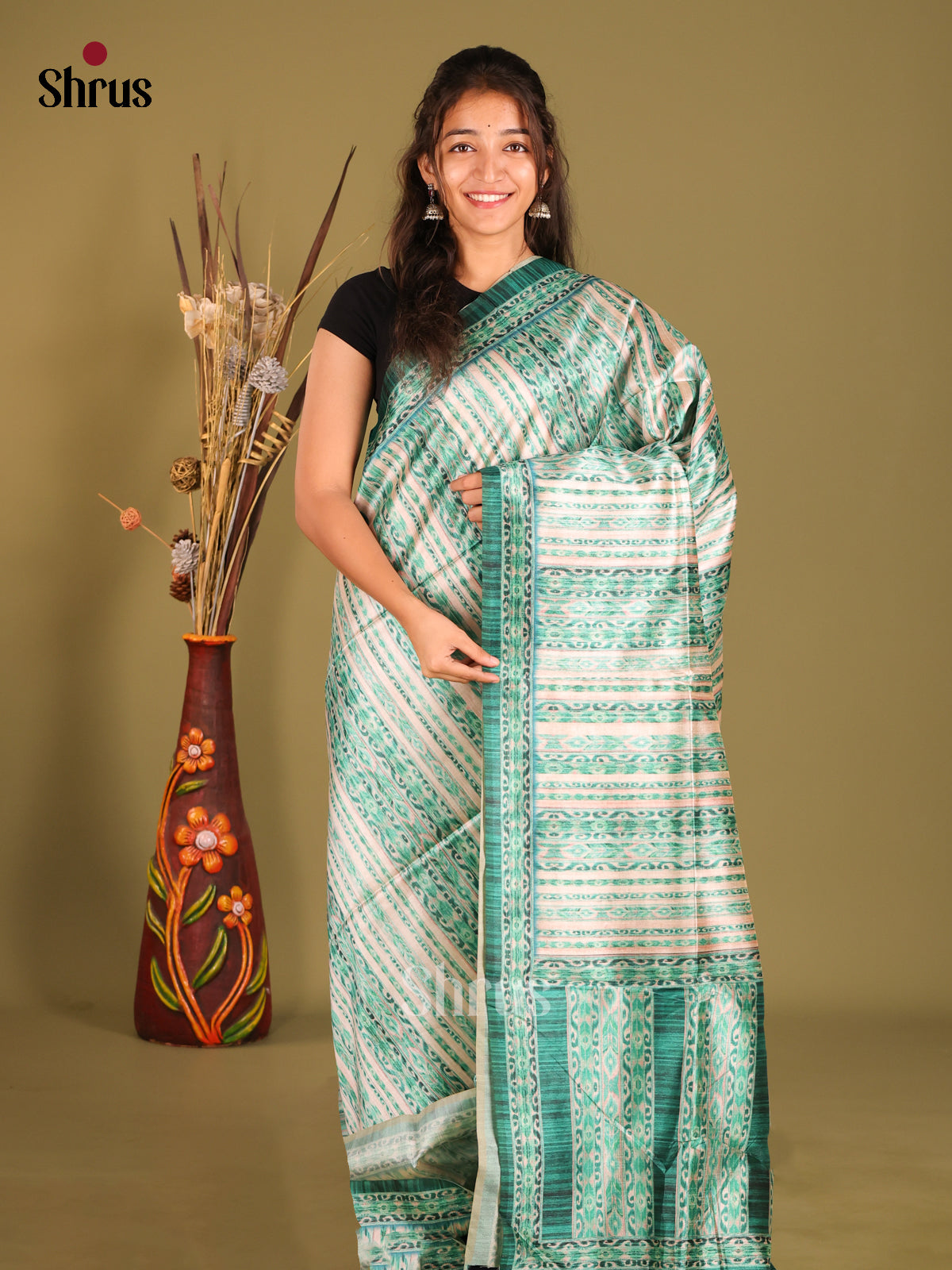 Cream & Green- Champa semitussar Saree - Shop on Shrus.com