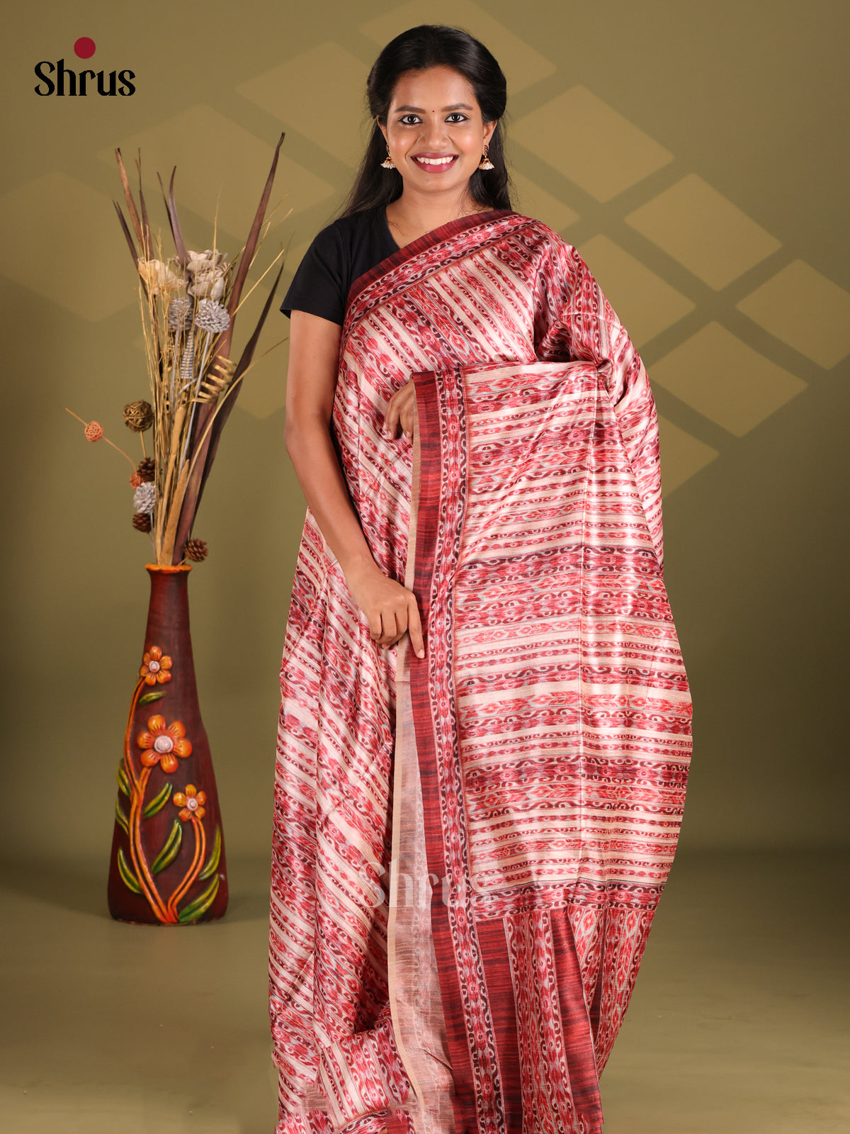 Cream & Maroon - Champa semitussar Saree - Shop on Shrus.com