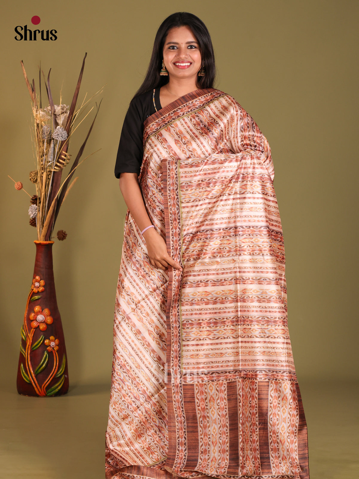 Cream & Brown- Champa semitussar Saree - Shop on Shrus.com
