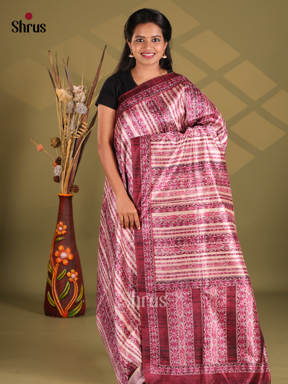 Cream & Maroon - Champa semitussar Saree - Shop on Shrus.com