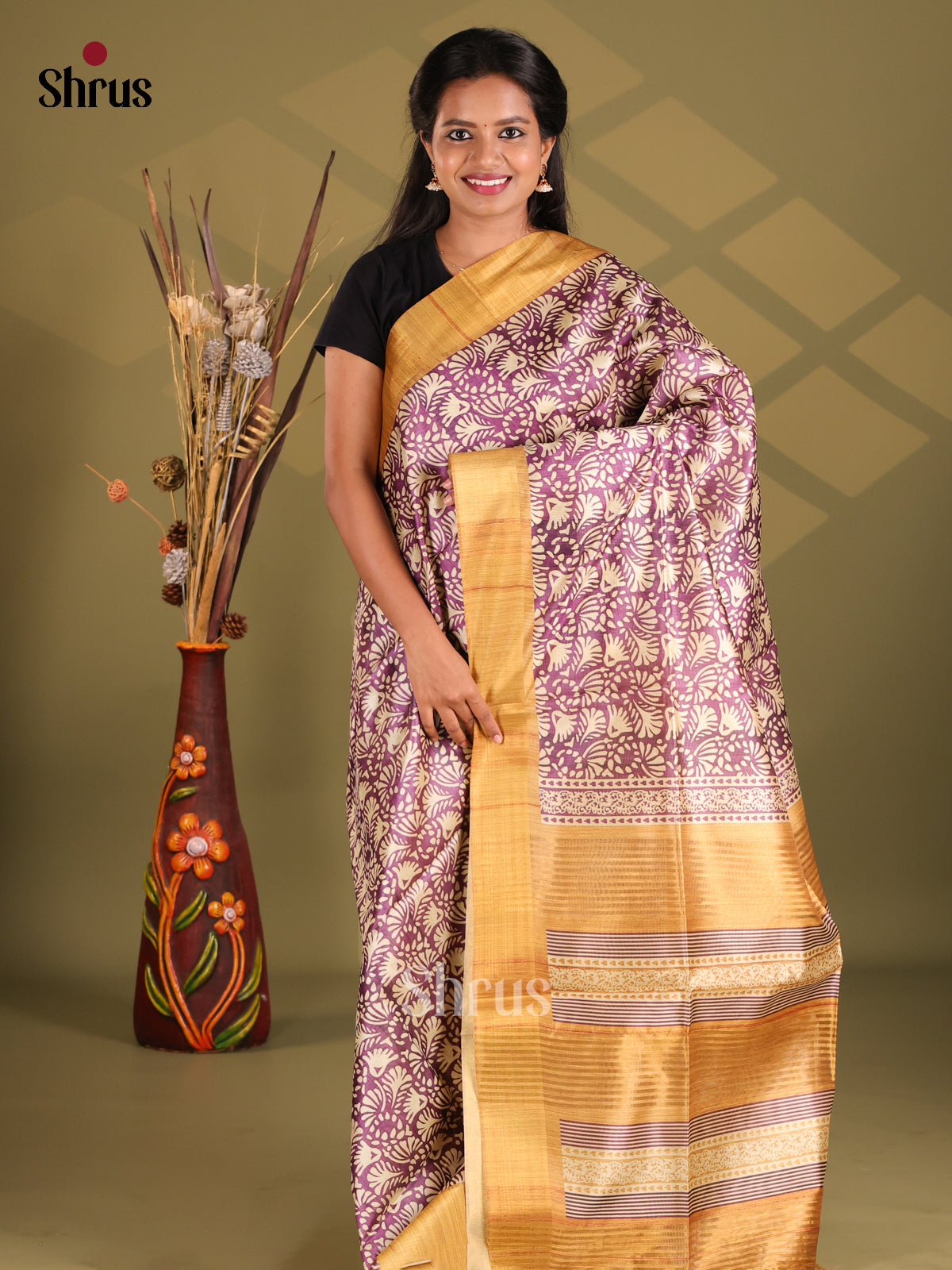Purple & Mustard - Champa semitussar Saree - Shop on Shrus.com