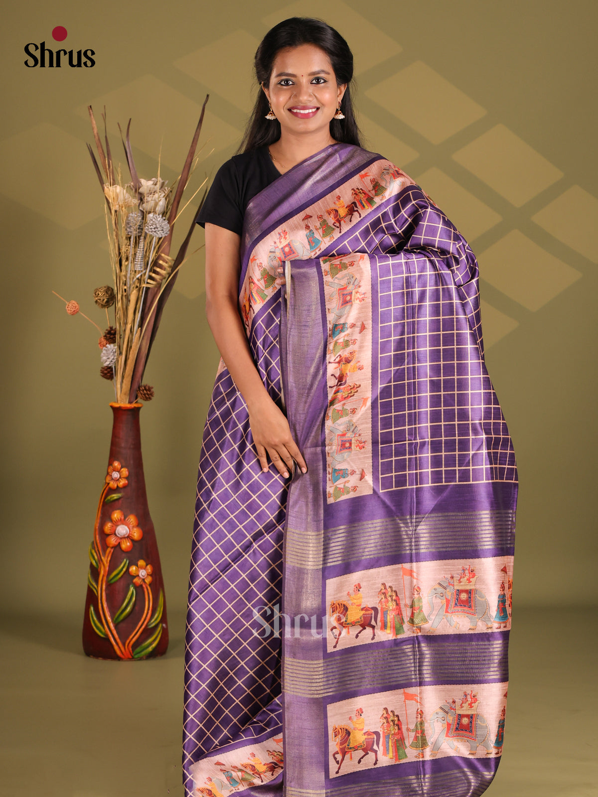 Purple & Cream - Champa semitussar Saree - Shop on Shrus.com