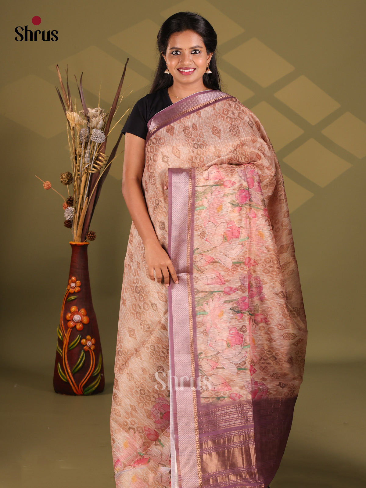 Light Brown & Purple - Champa semitussar Saree - Shop on Shrus.com
