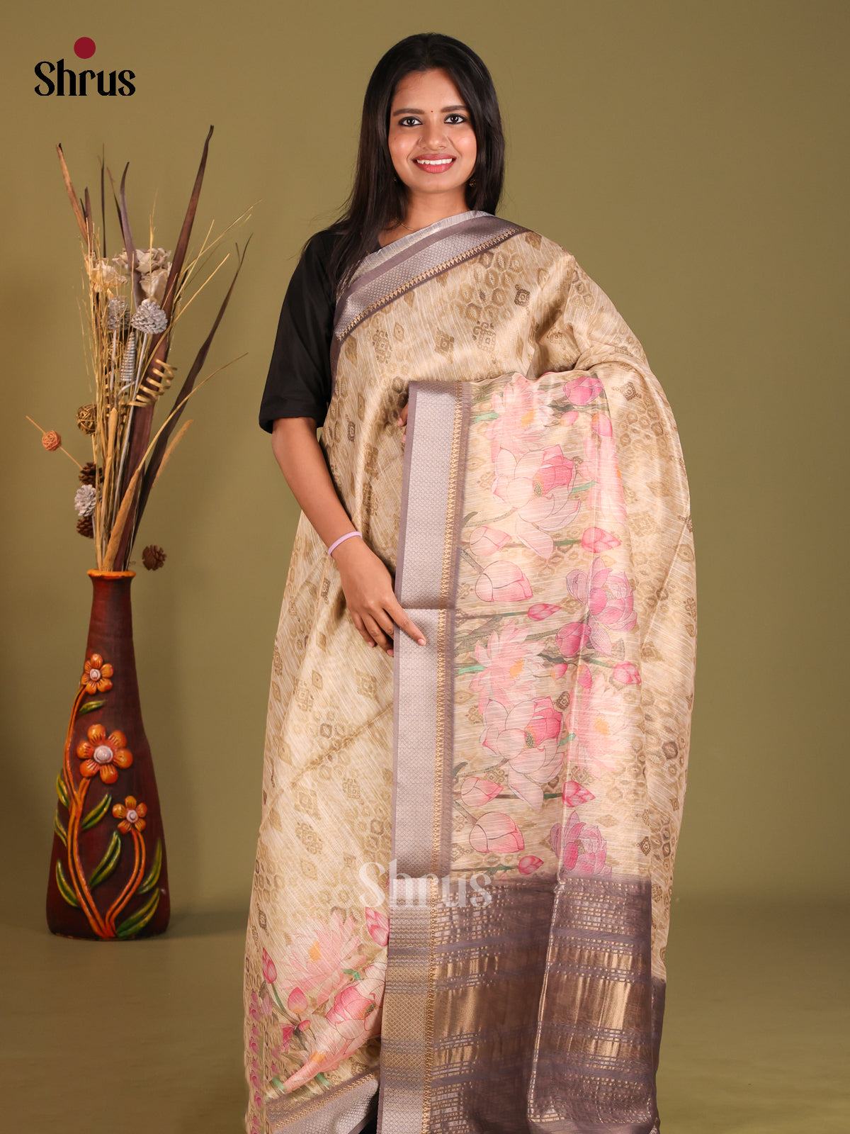 Cream & Grey - Champa semitussar Saree - Shop on Shrus.com