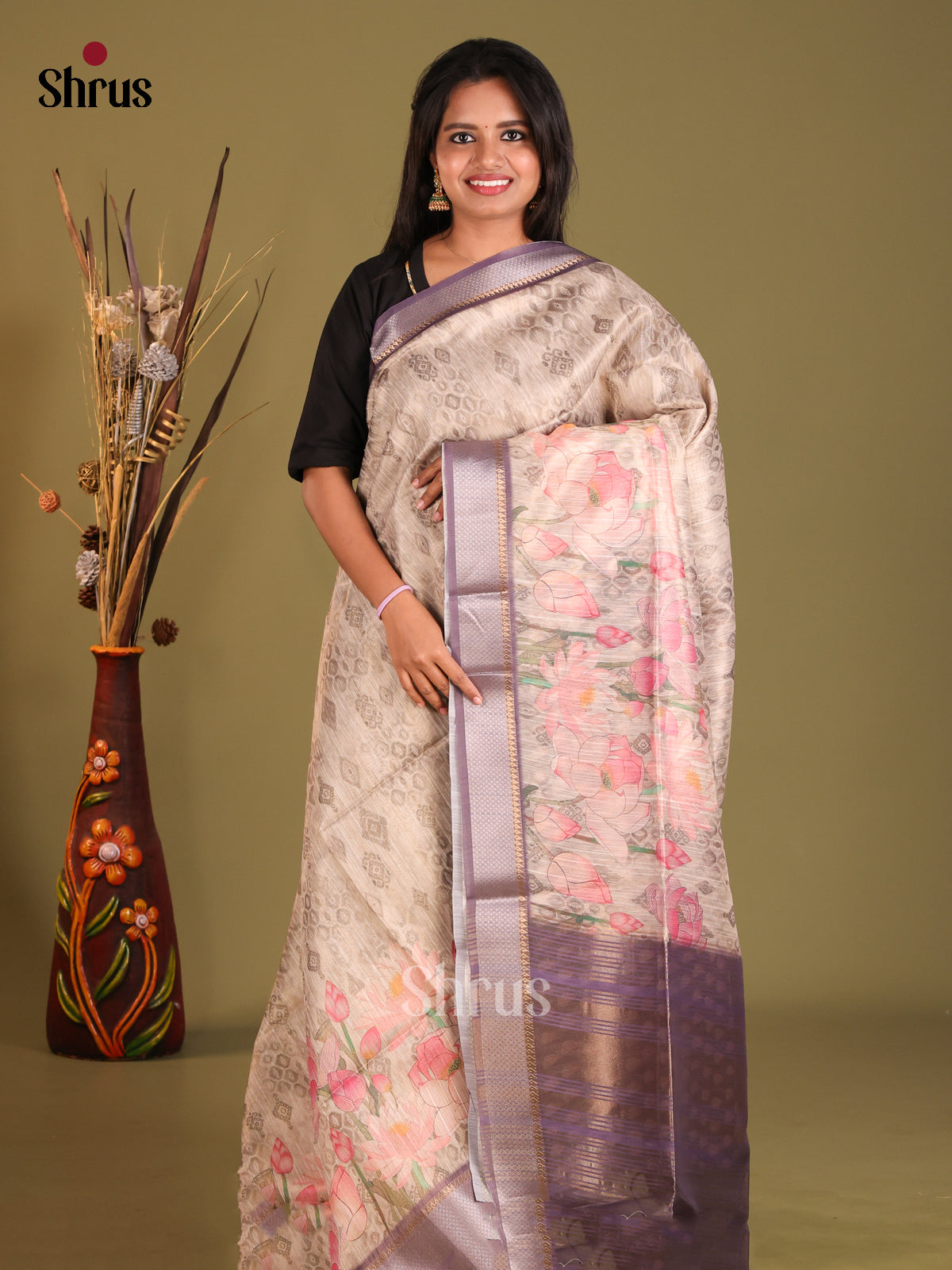 Cream & Purple - Champa semitussar Saree - Shop on Shrus.com