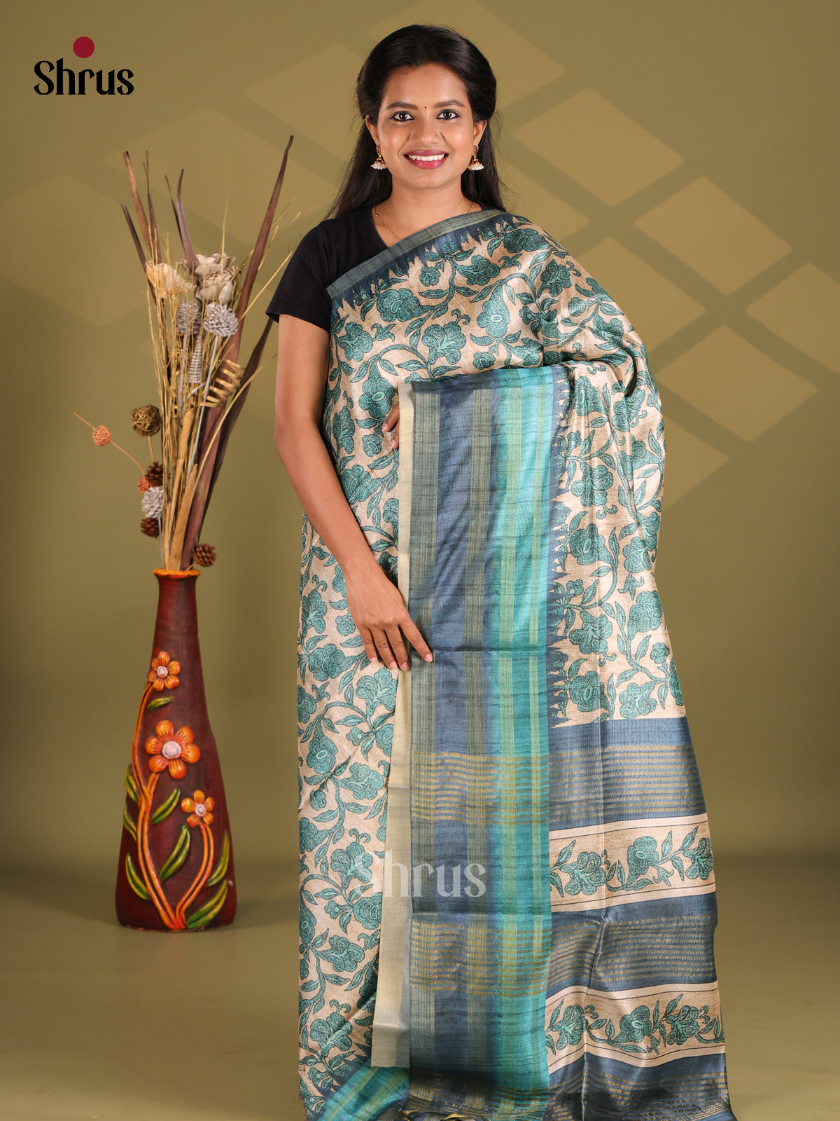 Cream & Blue - Champa semitussar Saree - Shop on Shrus.com