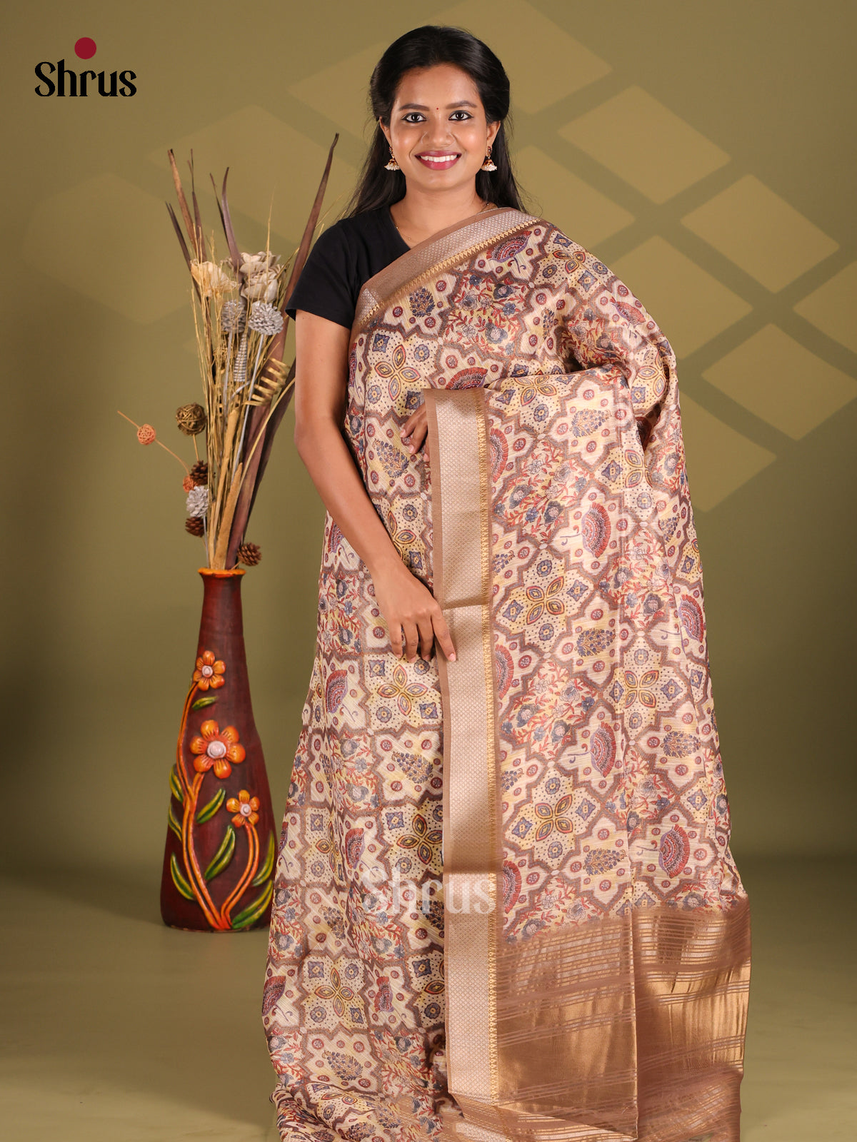 Cream & Brown - Champa semitussar Saree - Shop on Shrus.com