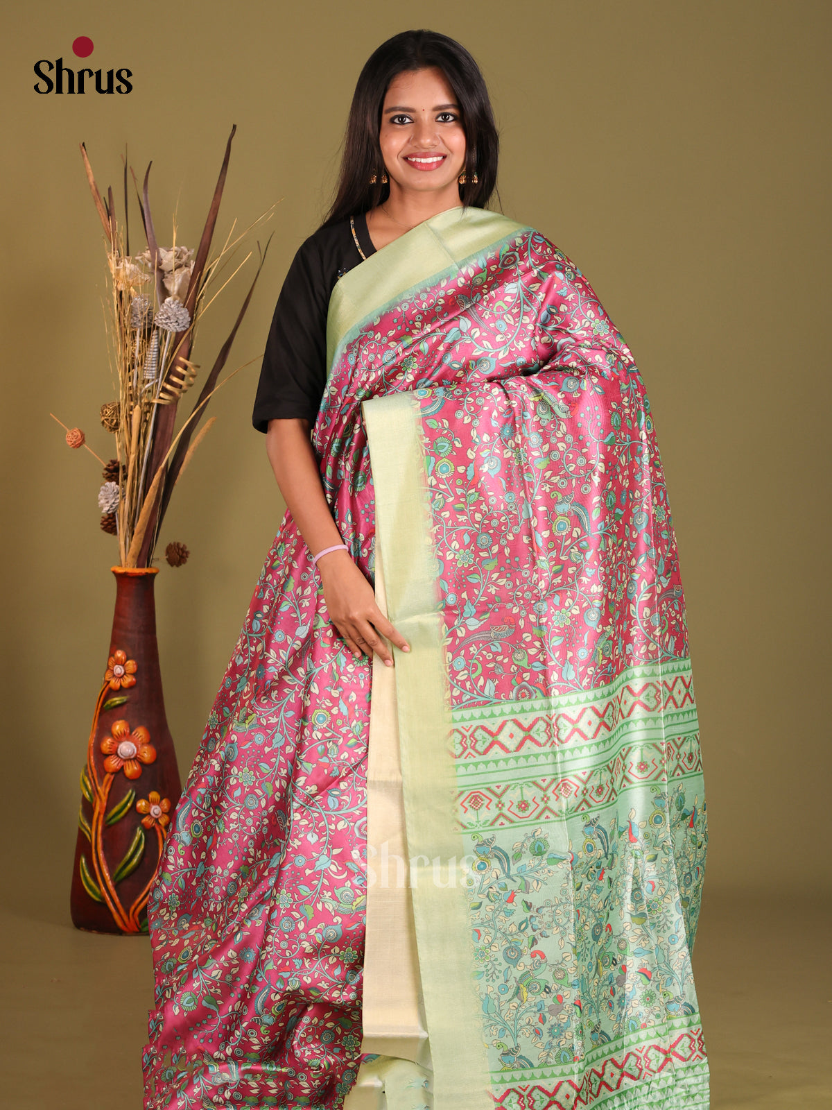 Pink & Green- Champa semitussar Saree - Shop on Shrus.com